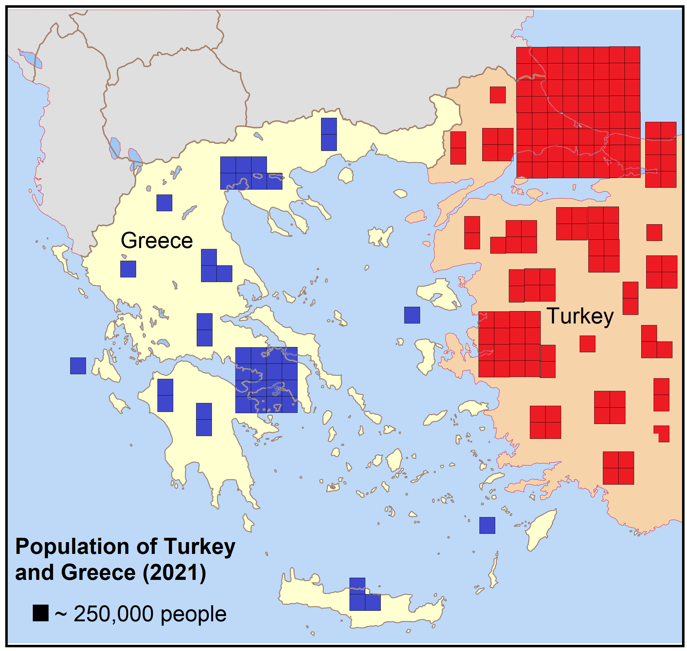 Relative population distribution of Turkey and Greece in 2021. r/MapPorn