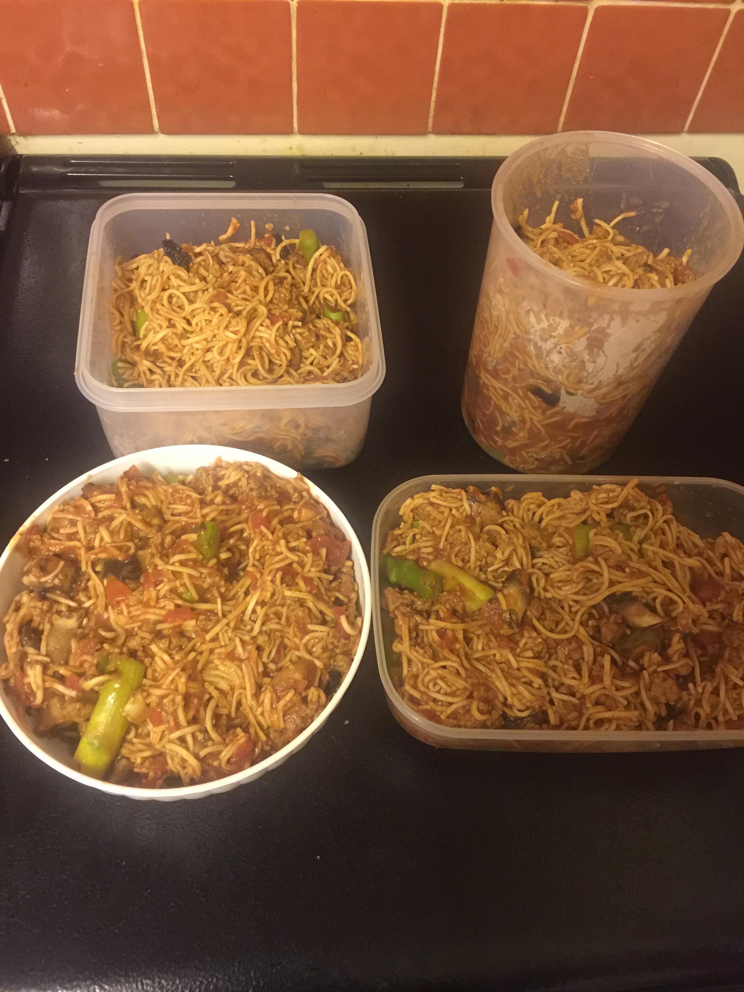 Lunch for the week ! Veggie Spaghetti Bolognese 330 calories each and
