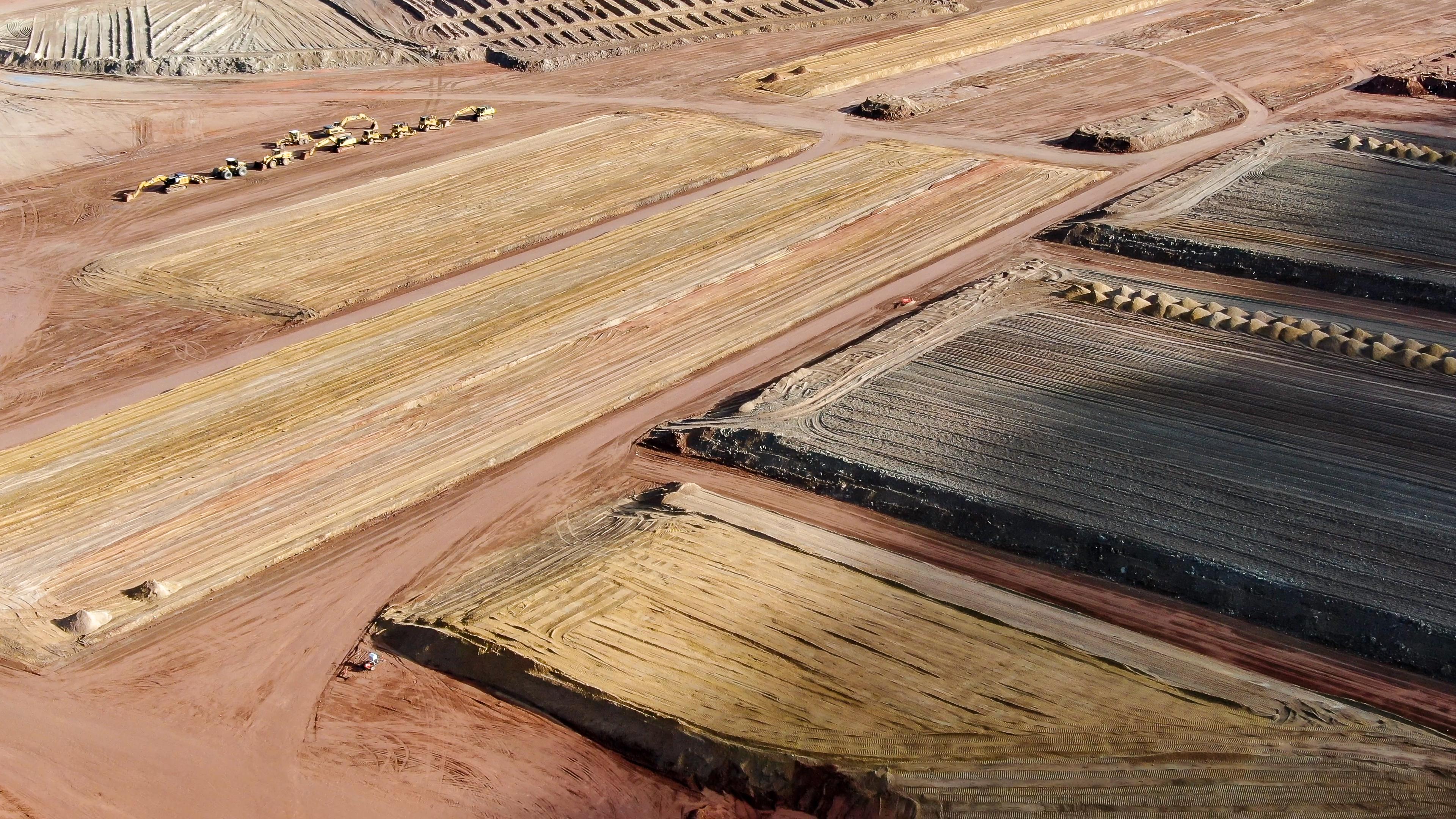 Aerial view of uranium mill tailings pile cleanup next to Colorado