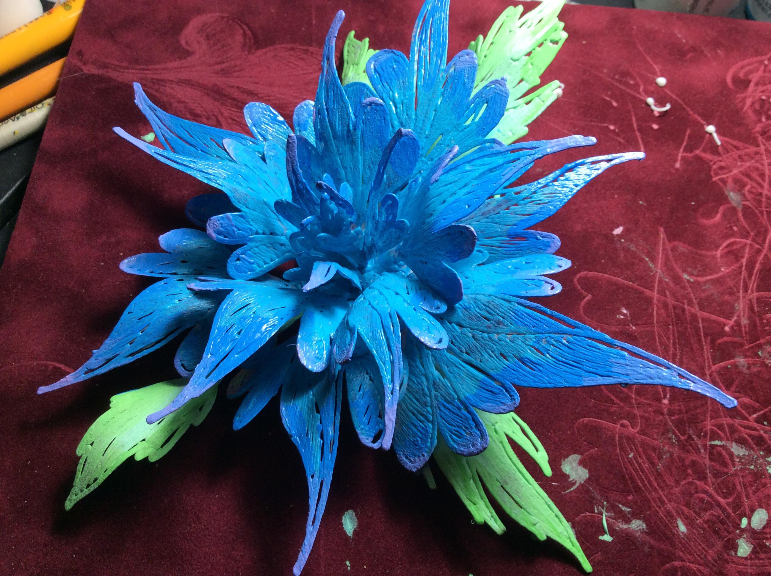 Blue Starburst Bloom. PLA Filament, and acrylic paint. 6 inches