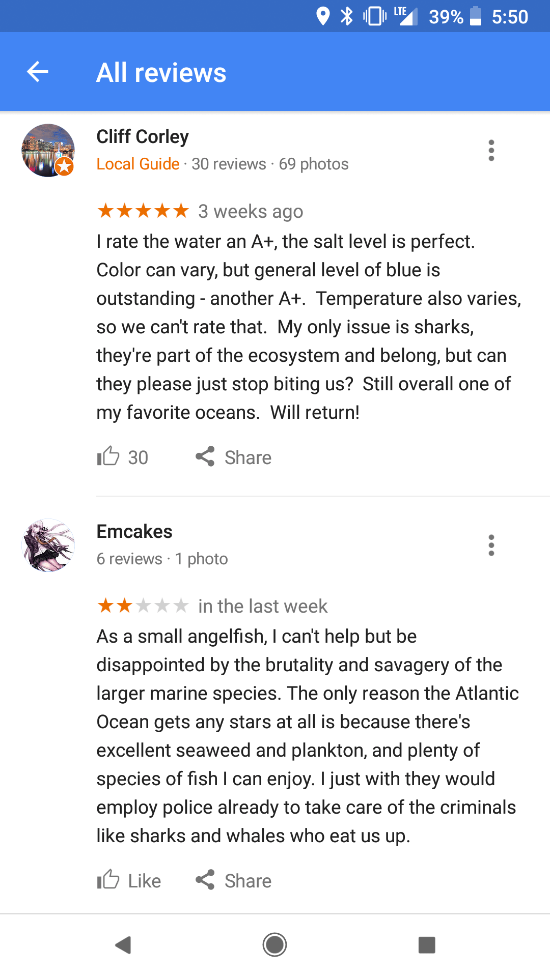 The Atlantic Ocean has reviews on google maps. funny