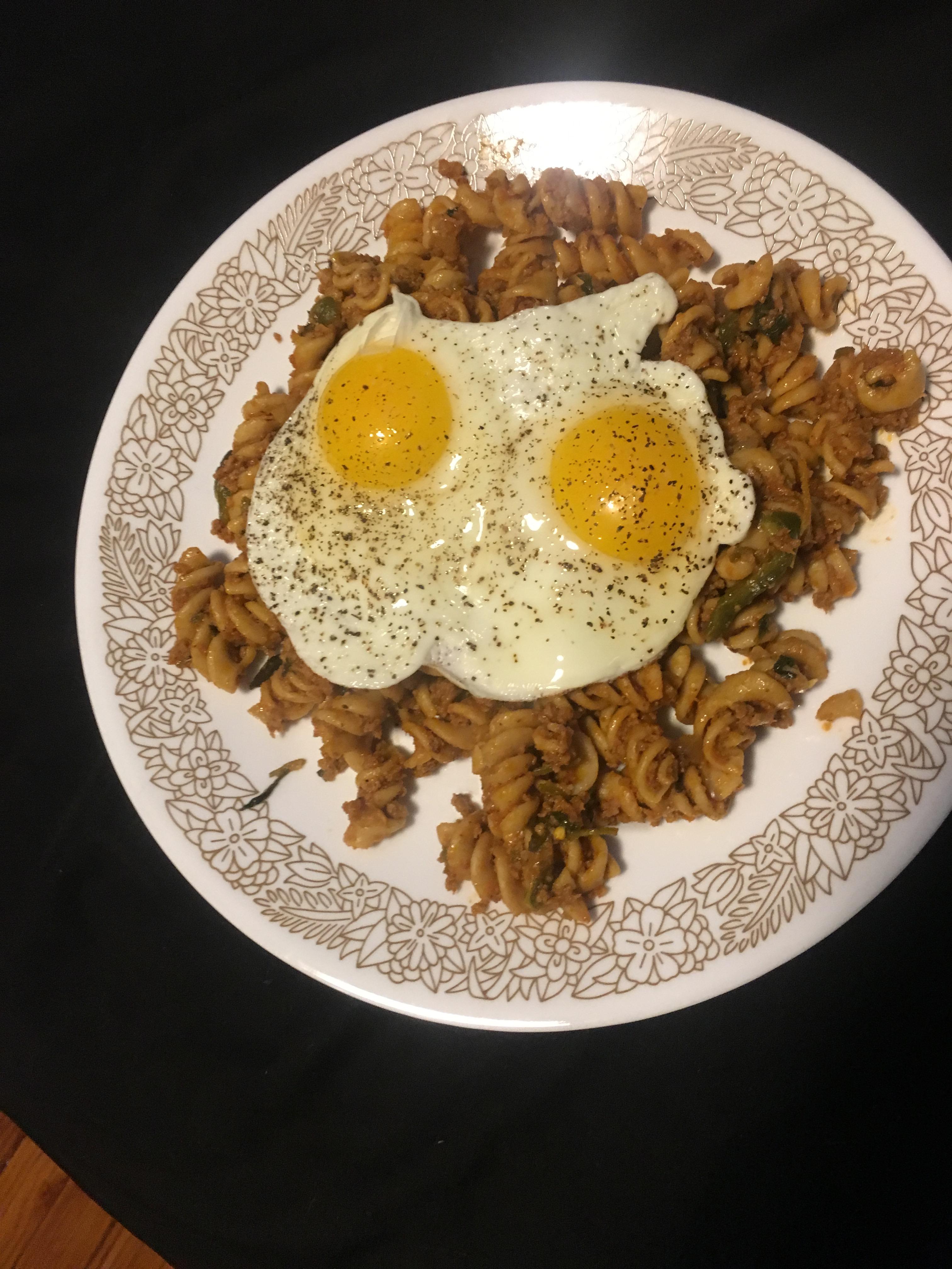 homemade noodles with ground turkey and stuff...and of course two eggs