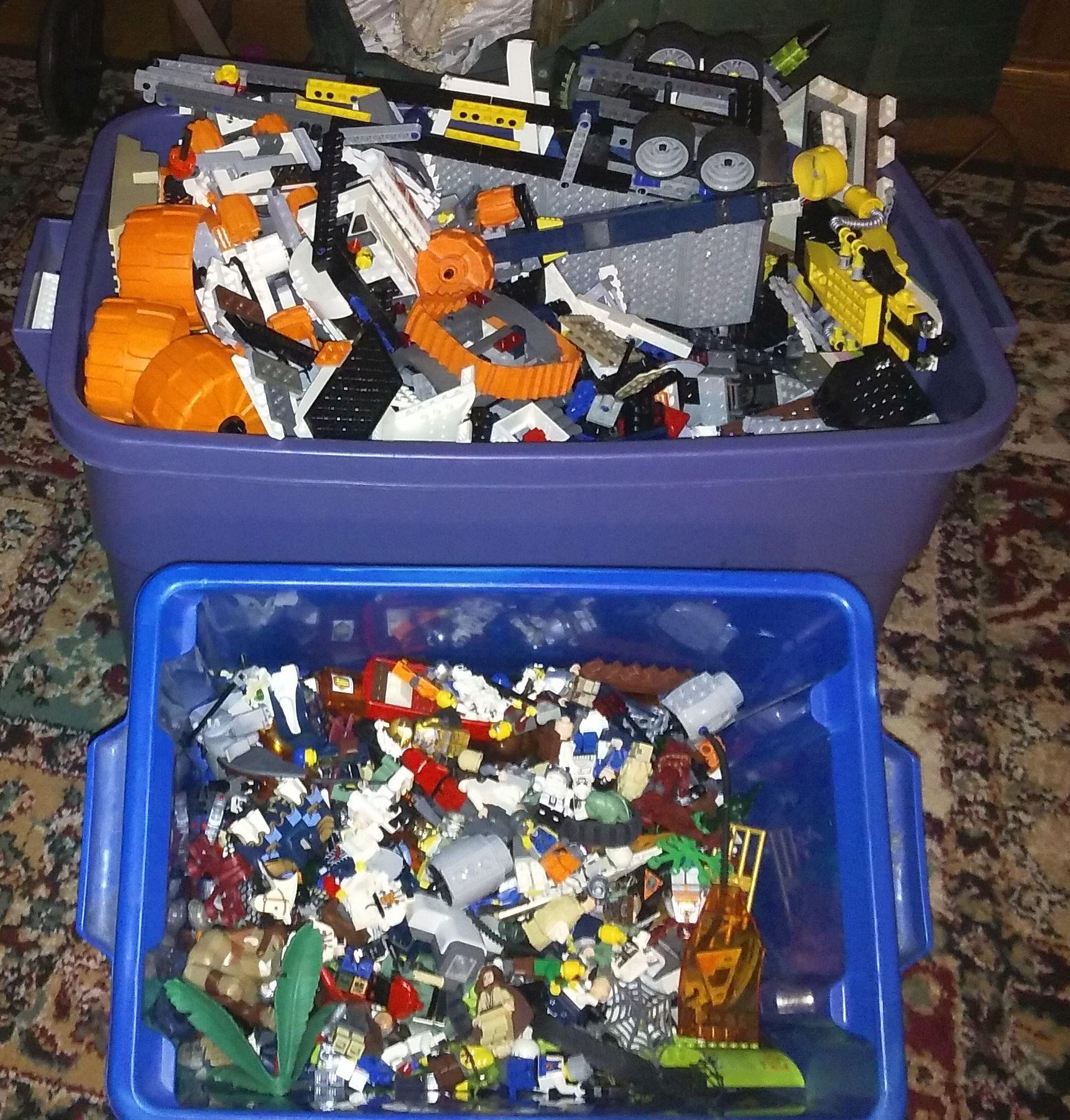A huge (and heavy) tub of legos and a smaller tub of mini people. Star