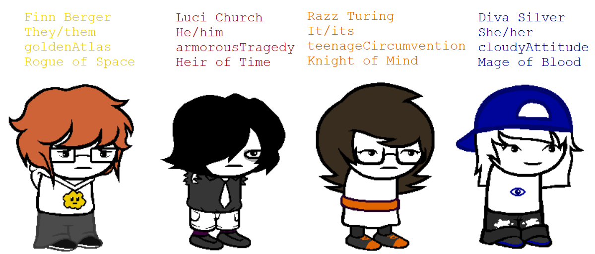 My main four fankids I hope to make something with! (Made with the FarragoFiction Dollsim) r