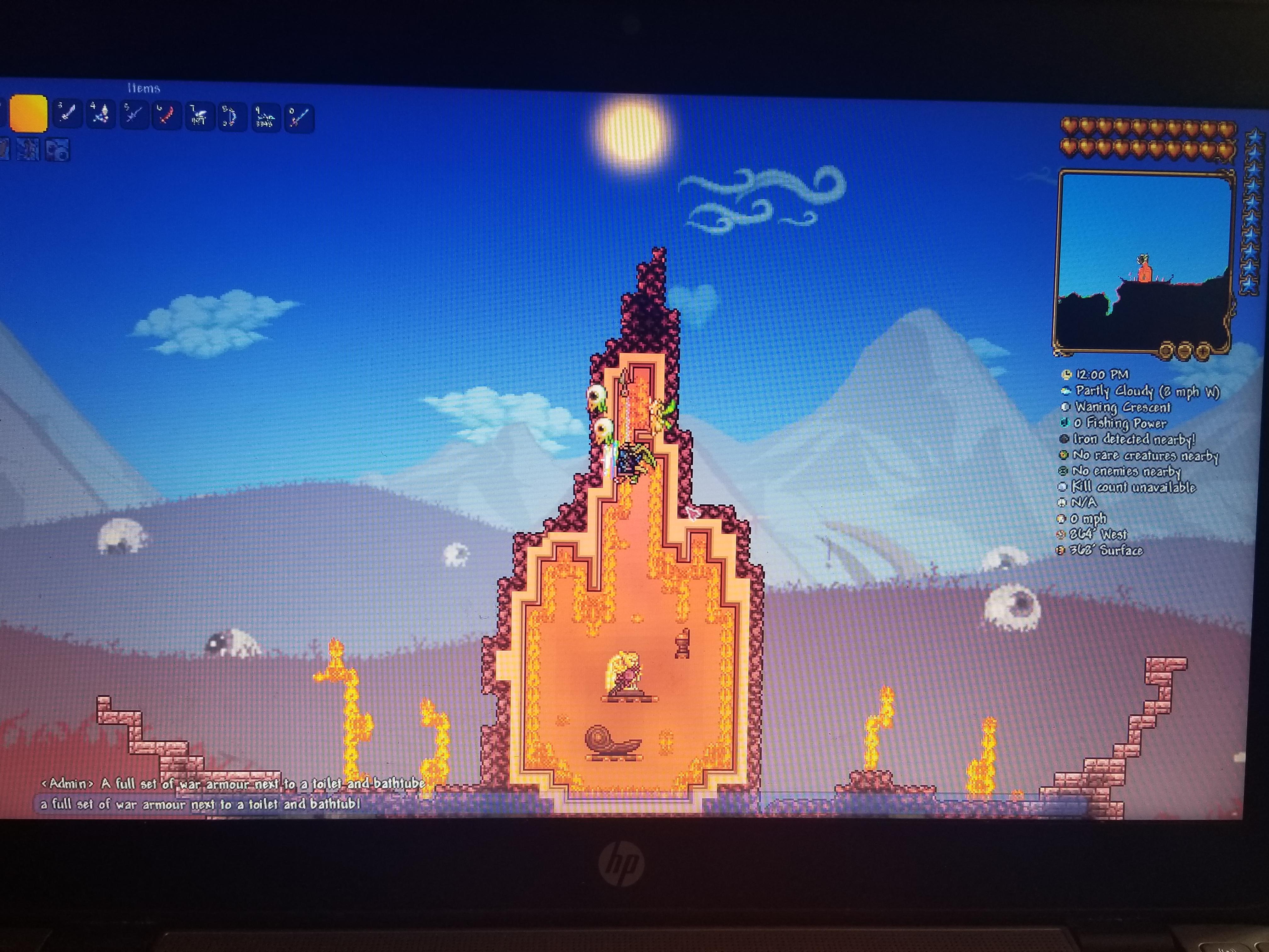 A full set of war armour next to a toilet and bathtub r/Terraria