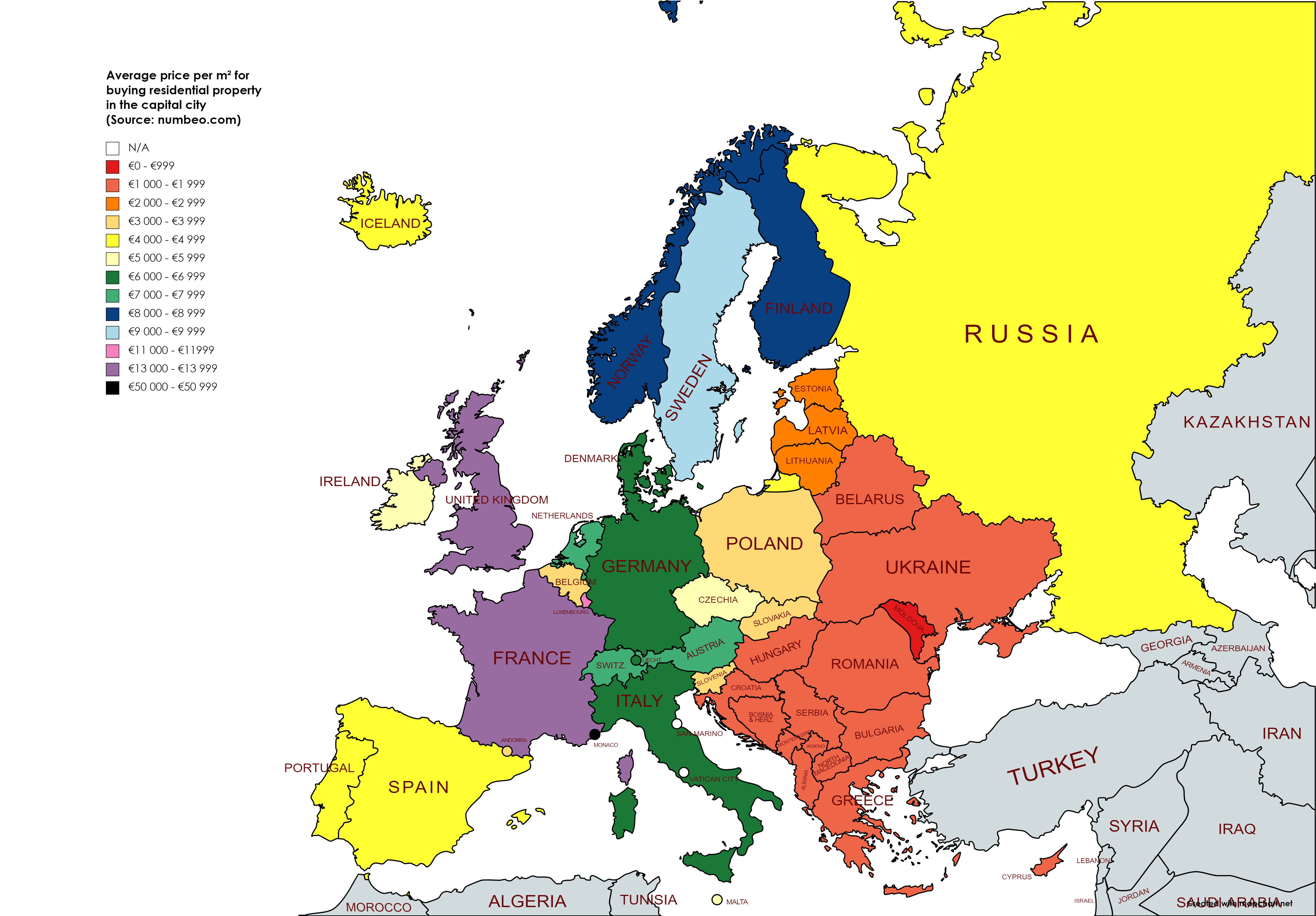 Average price per m² for buying residential property in the capital