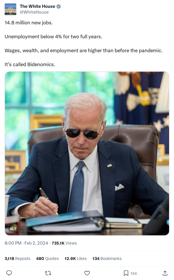 WhiteHouse 14.8 million new jobs. Unemployment below 4 for two full