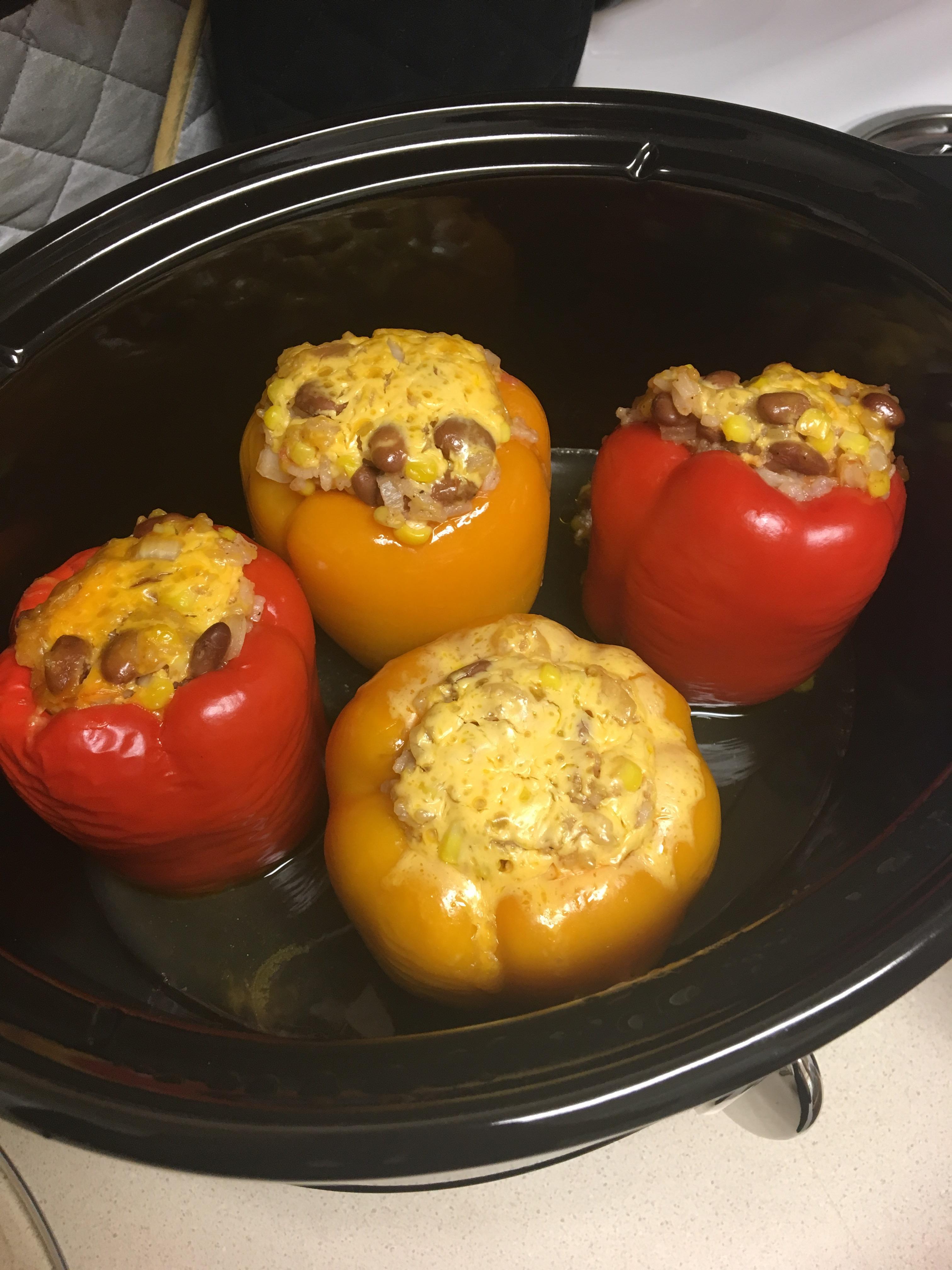 Stuffed bell peppers! First time using my new crock pot. Link https