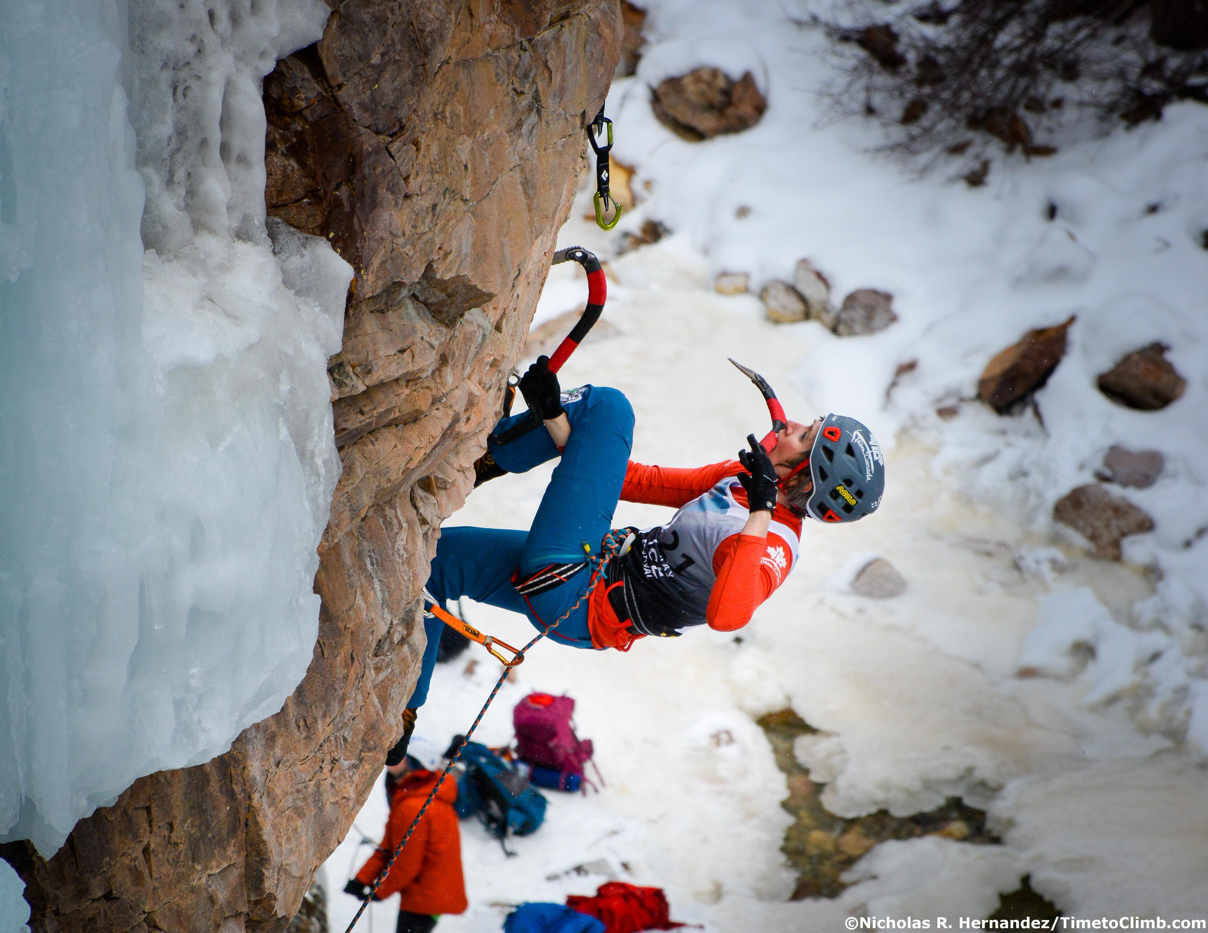 Rebecca Lewis competing in the Elite Mixed Climbing Comp at Ouray Ice Fest a few weeks ago [OC