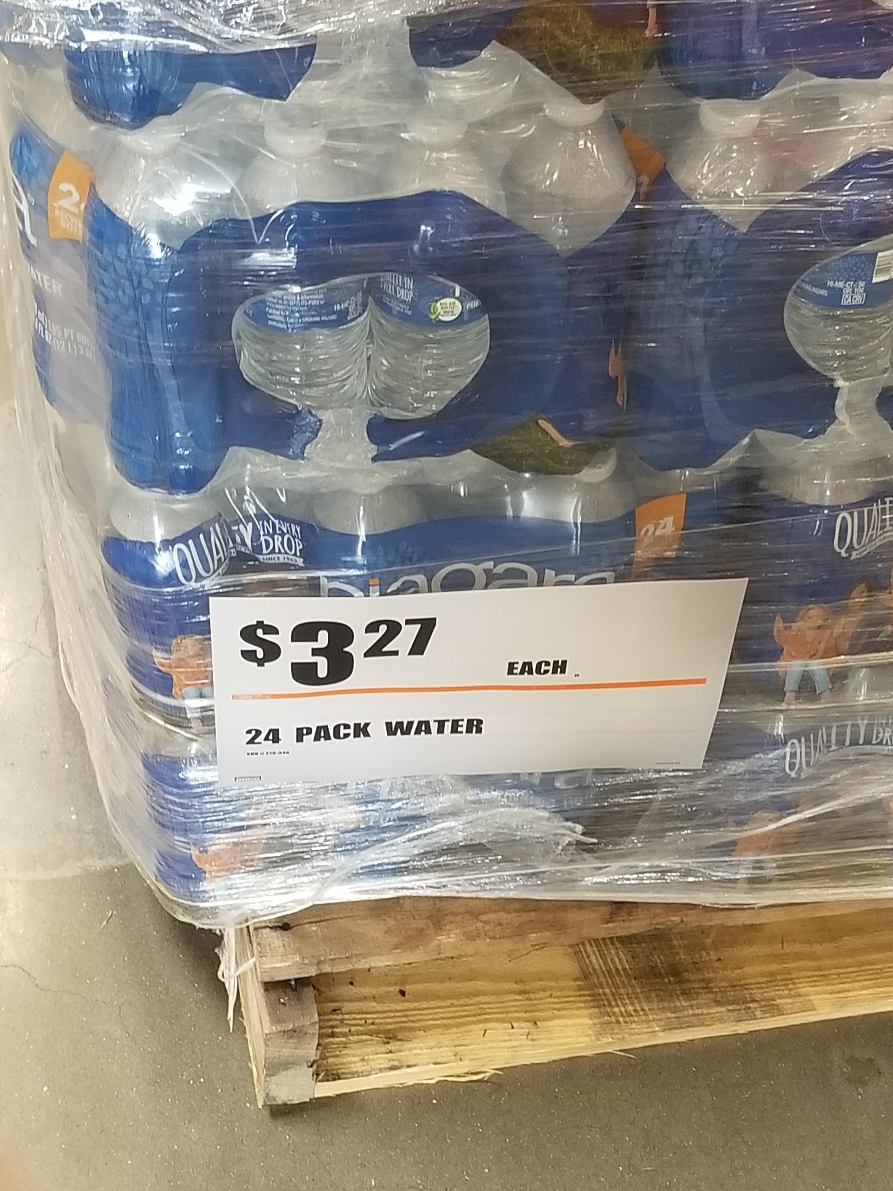 Cheap water at Home Depot if lines at the grocery stores are long, y