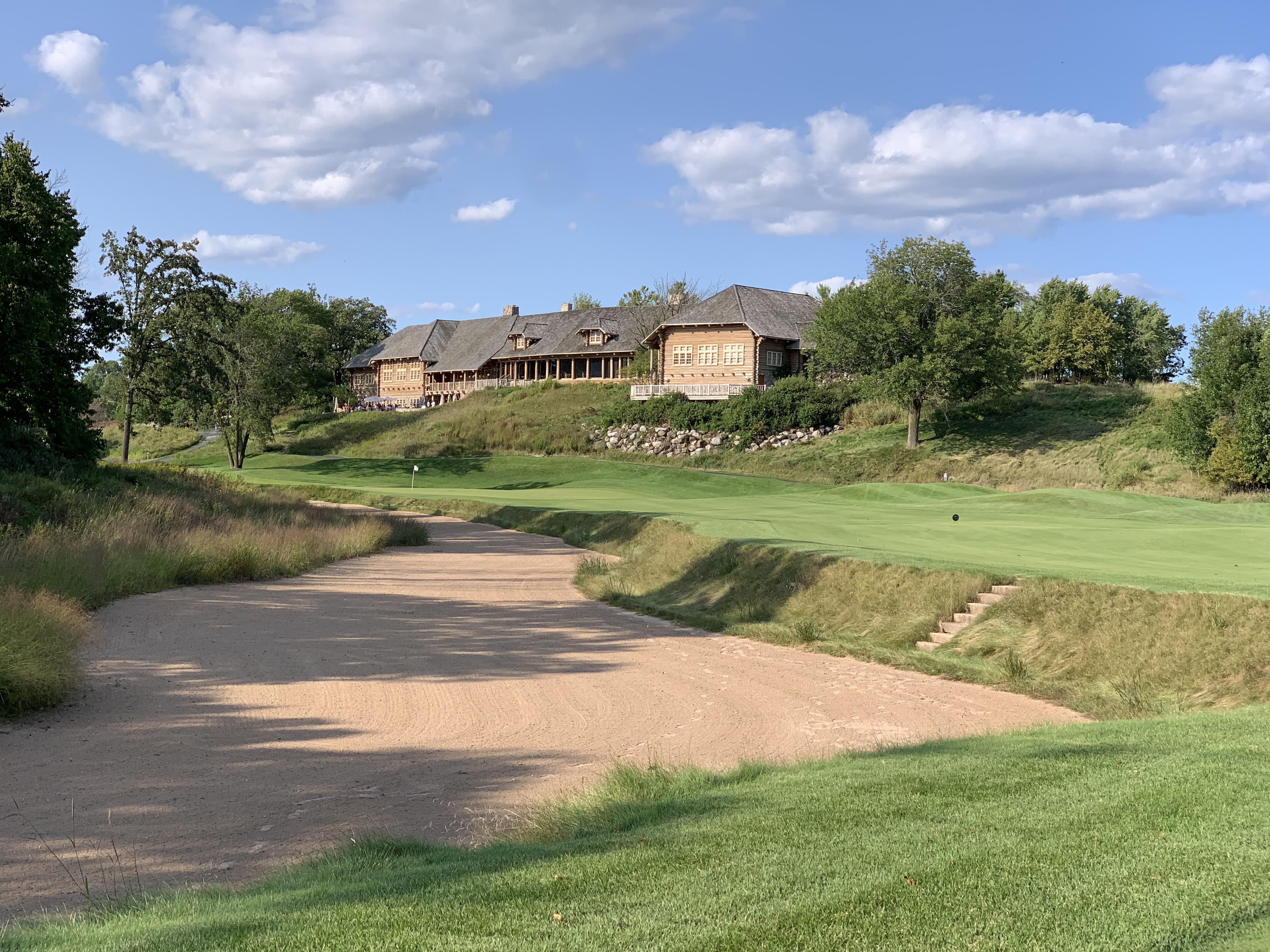 The view coming into 18 green at Blackwolf Run, River Course in Kohler
