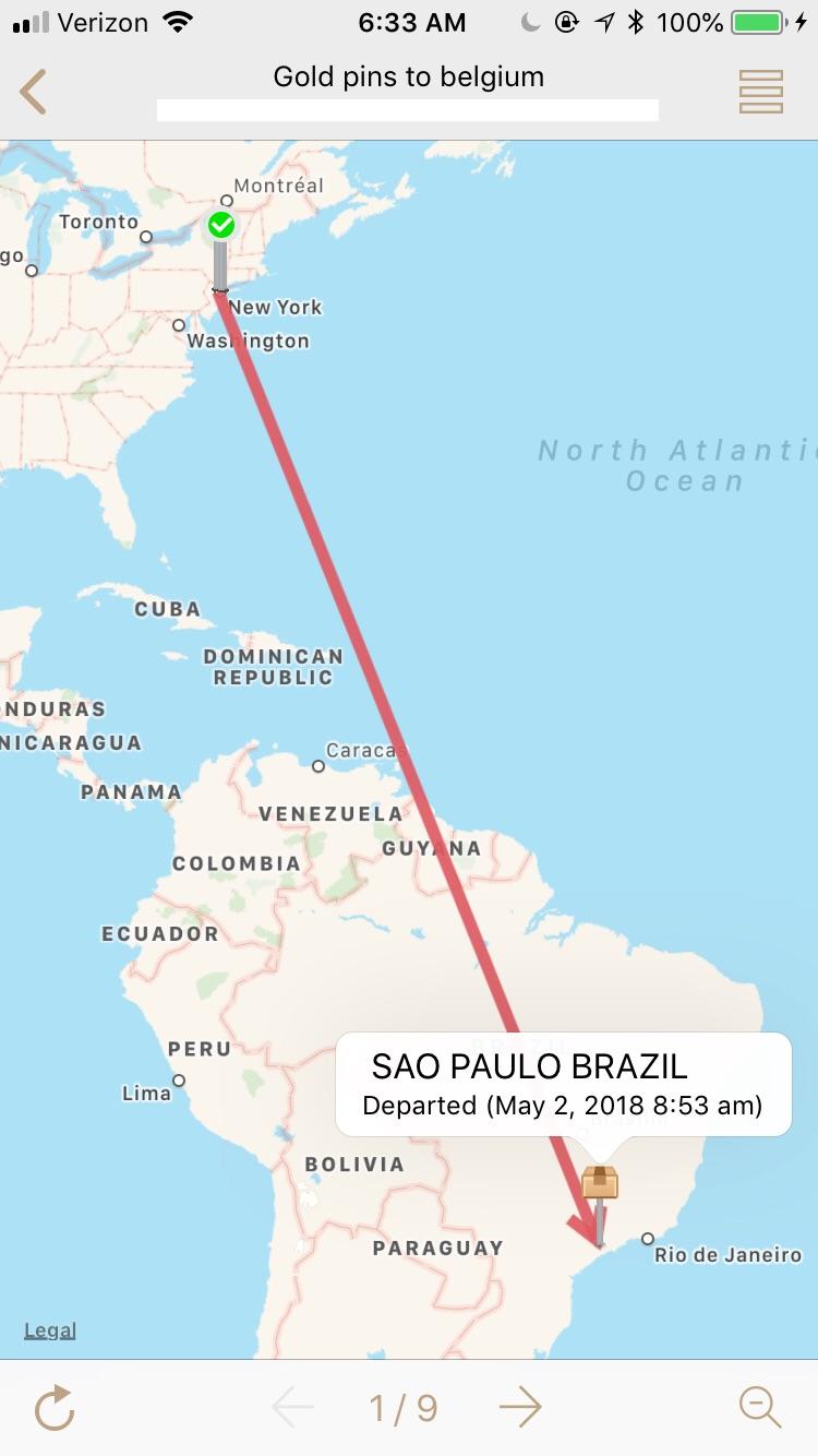 Shipped on 4/29 going to Belgium. Went to Brazil instead and says