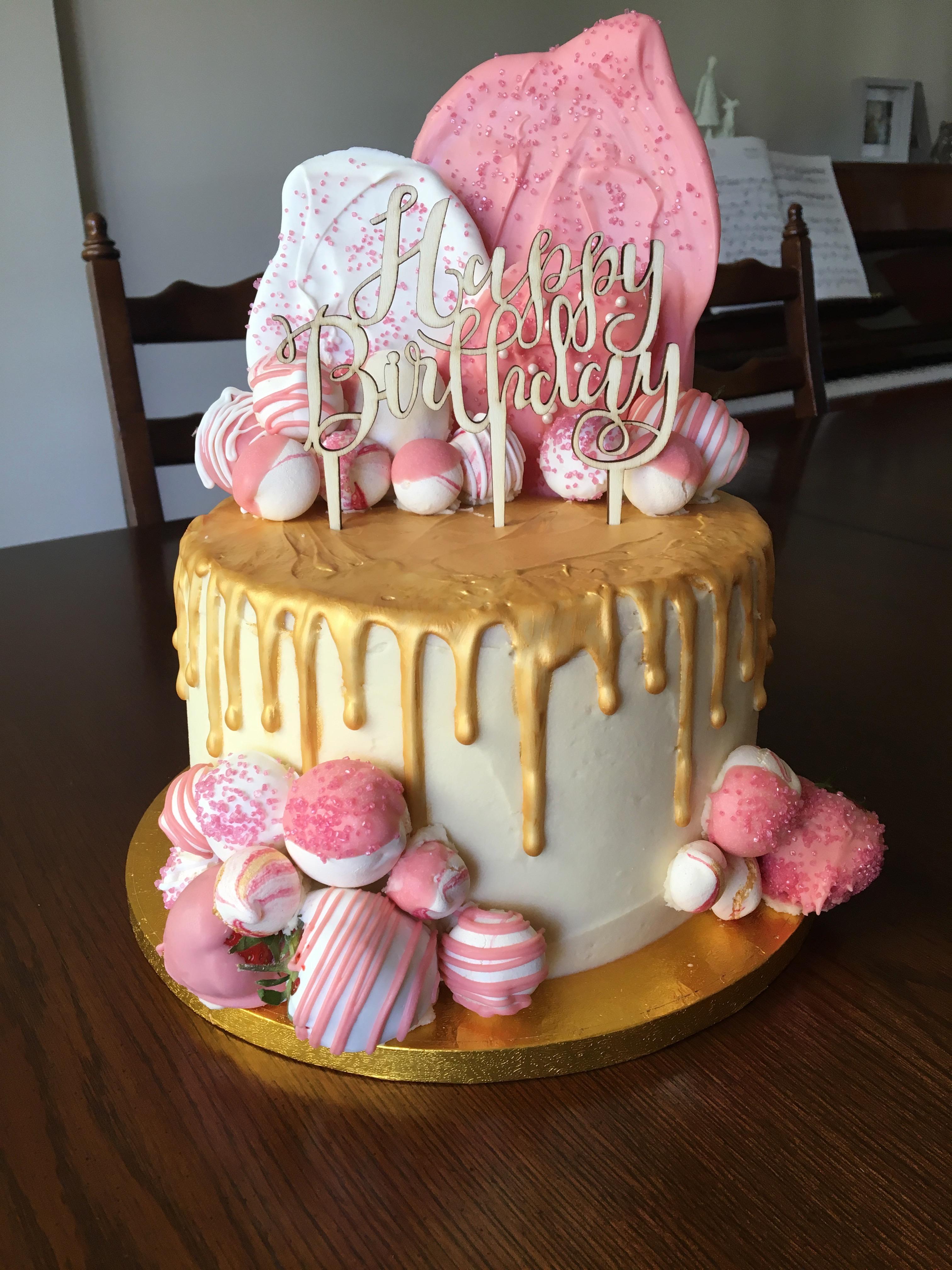 Birthday cake for my mum! White chocolate and raspberry, gold drip cake