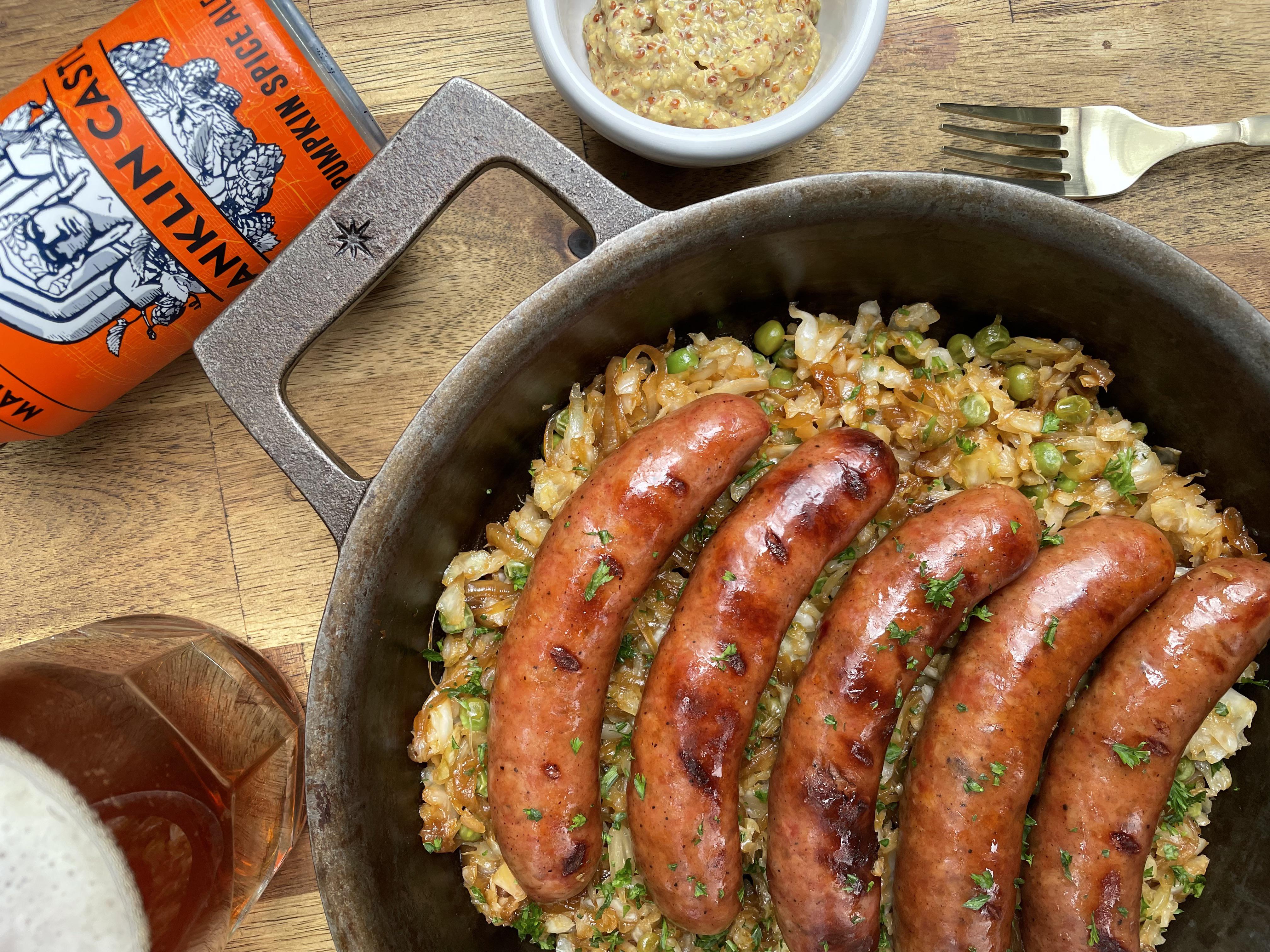 Beer Brats Over Kraut / Peas / Caramelized Onions r/FoodPorn