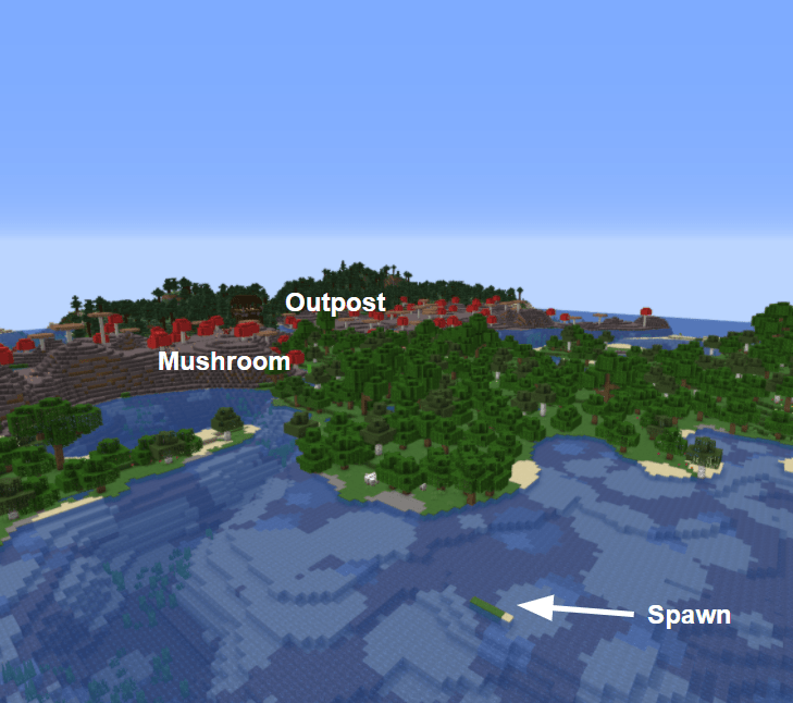 Spawn on a five block island near to a pillager outpost half in a semi