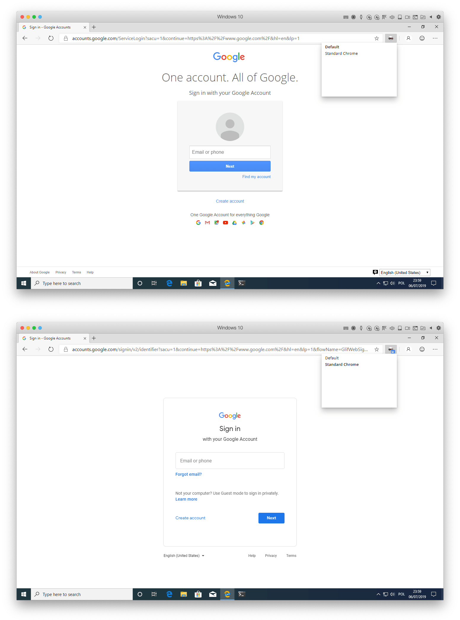 Google is showing me an older version of Google Accounts signin page