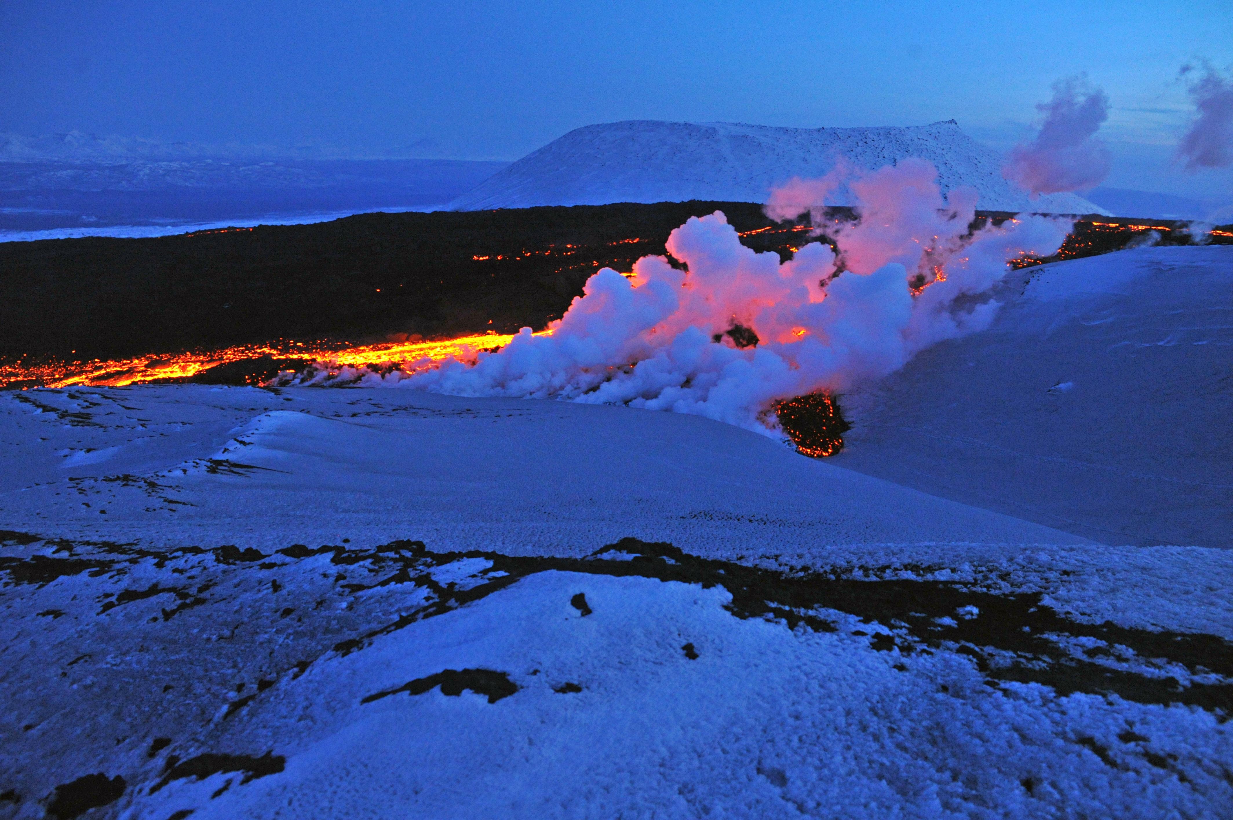 Twilight Russia river of lava melting into snow Tolbachik Kamchatka [4256x2832](Xpost r