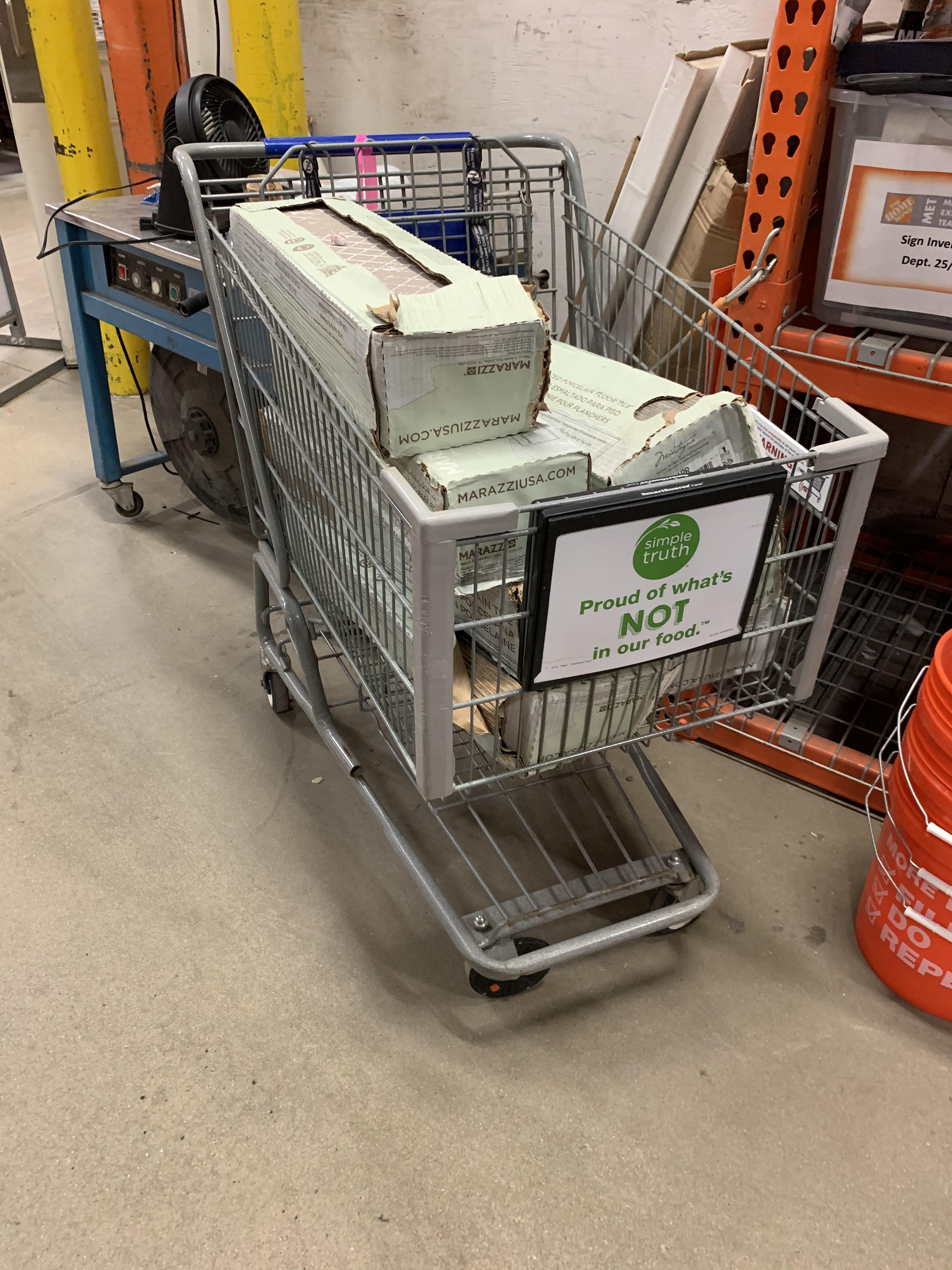 Kroger cart in Home Depot?!? With tile in it? (Kroger’s is 2