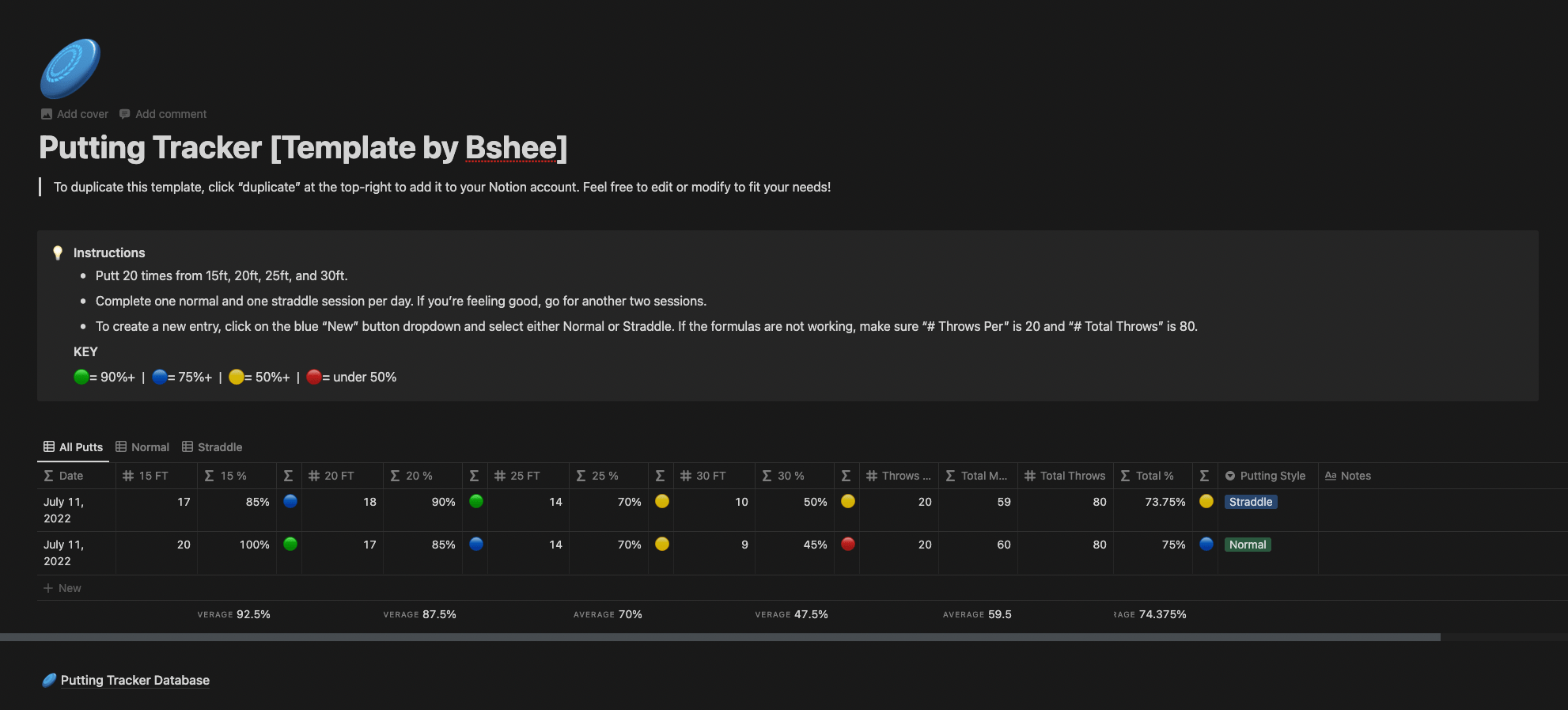 I made a disc golf putting tracker r/Notion