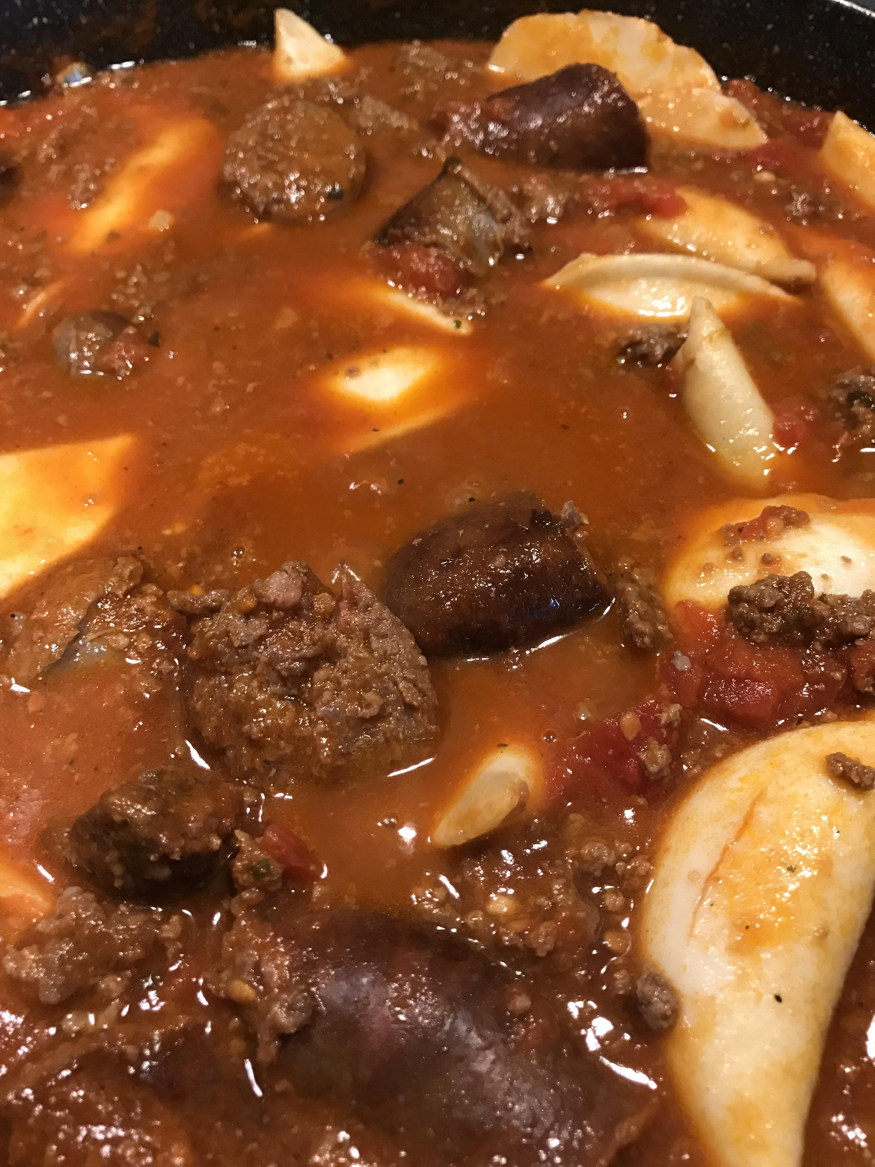 Italian Deer sausage, deer ground meat, and pierogis in pasta sauce r