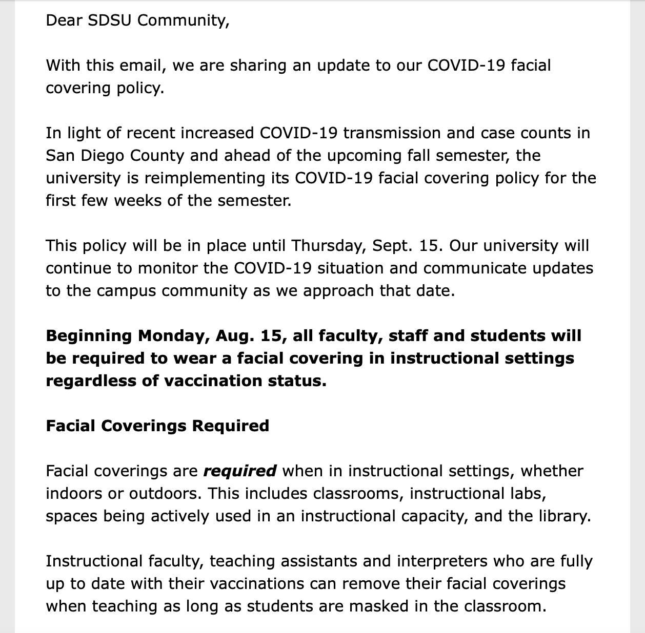 Mask mandate reinstated through September 15 r/SDSU