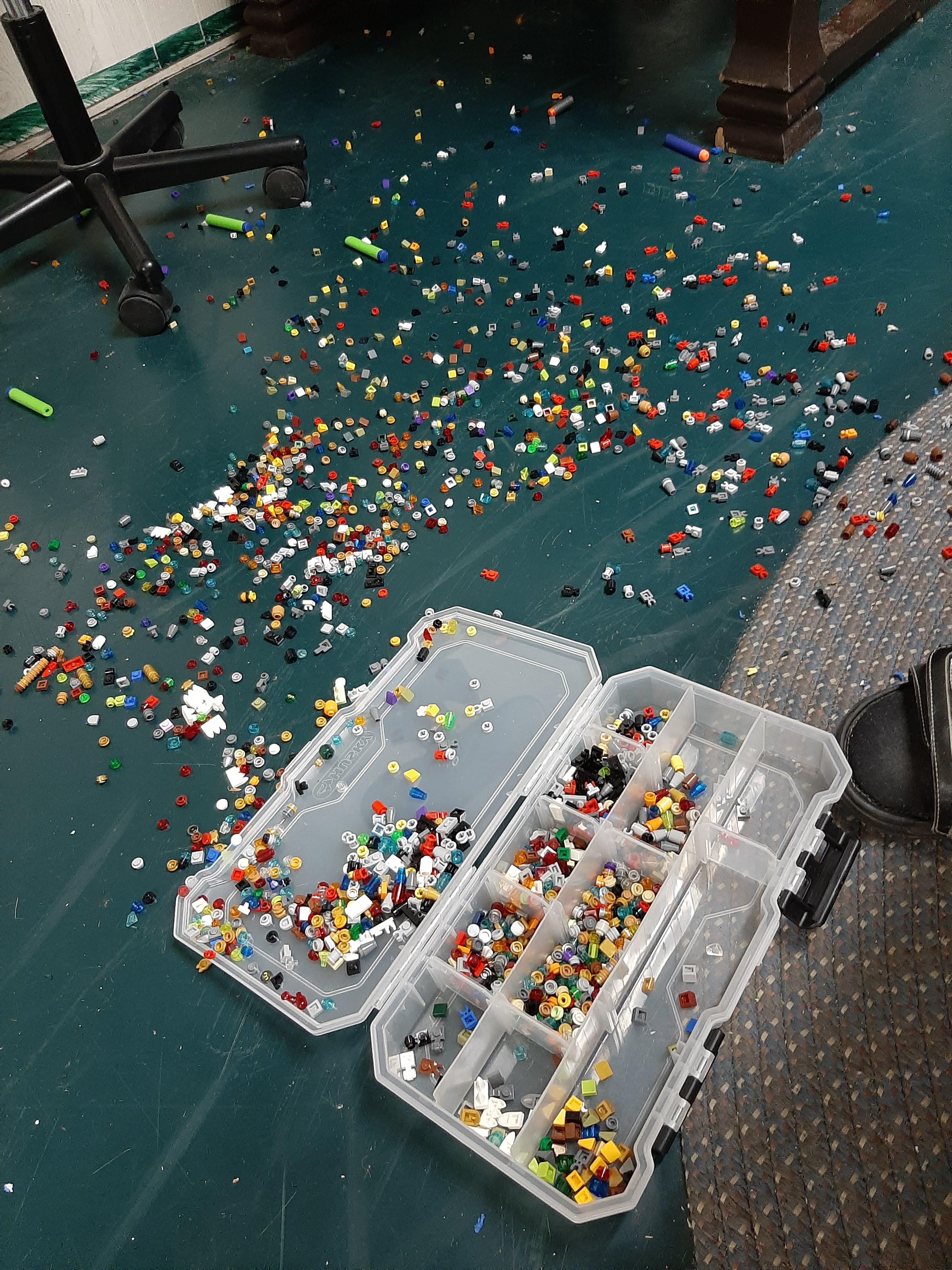 One of my fully organized lego bins fell and spilled everywhere r