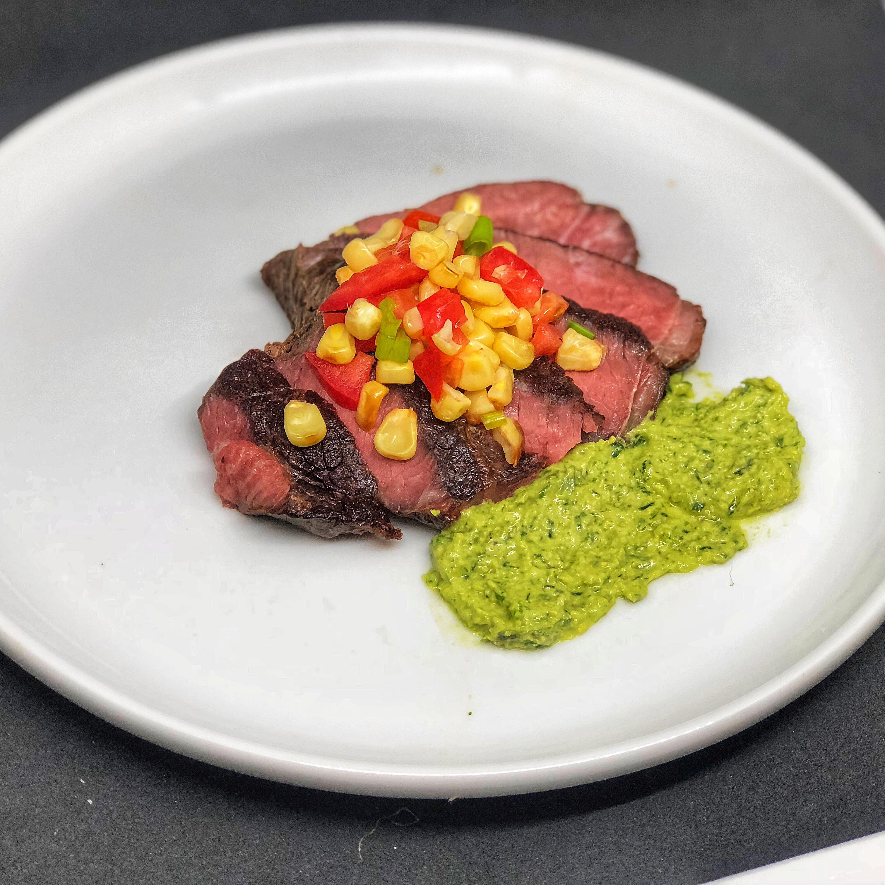 Sous Vide Coulotte Steak, Grilled Corn Salsa, Smoked Ramp Pesto r