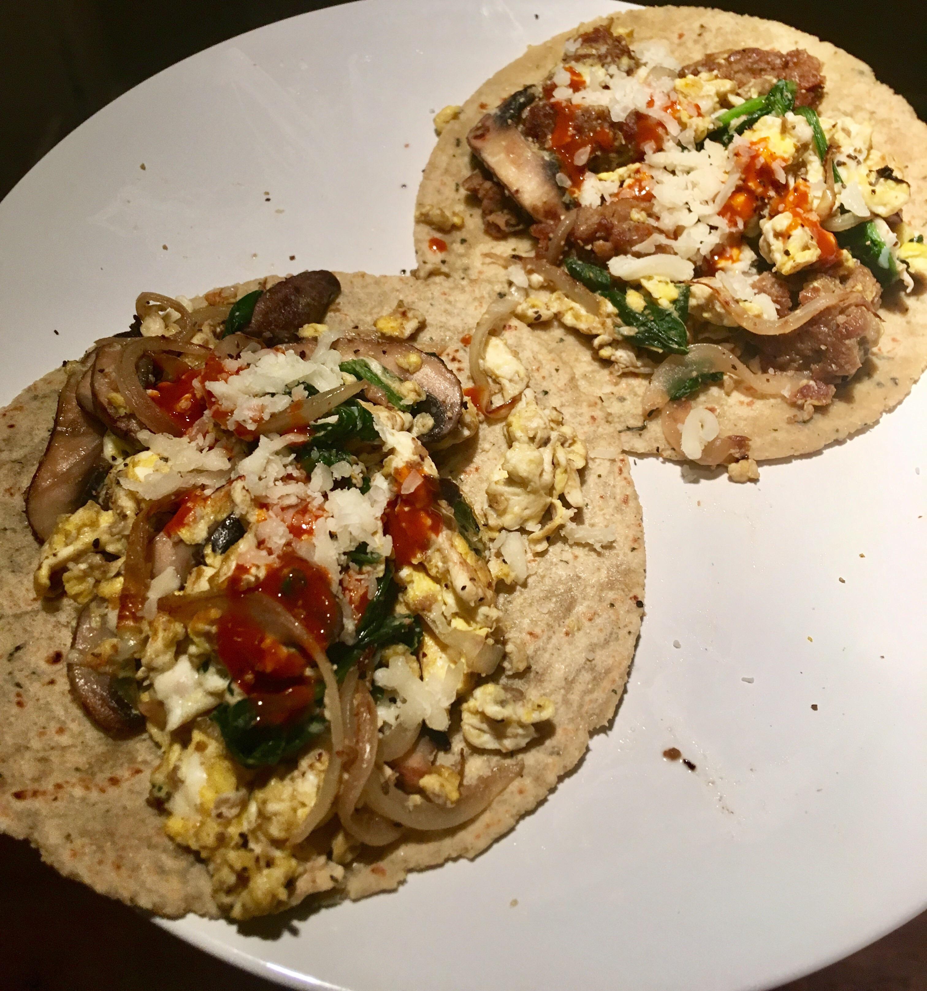 Breakfast Tacos Eggs, portabella mushrooms, spinach, onion, and veggie