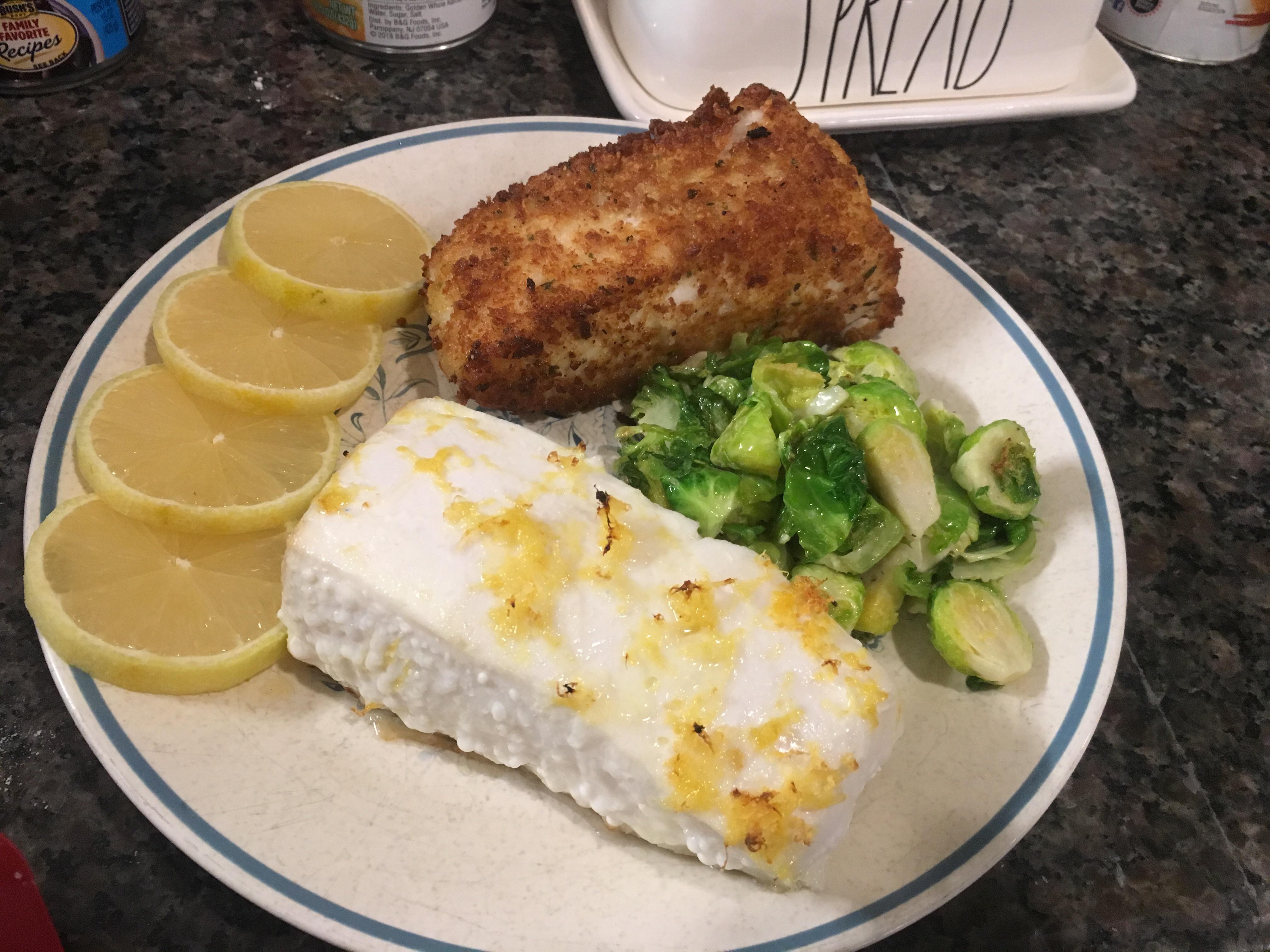 Halibut 2 ways with Brussels sprouts. Baked in the lid of Dutch oven w