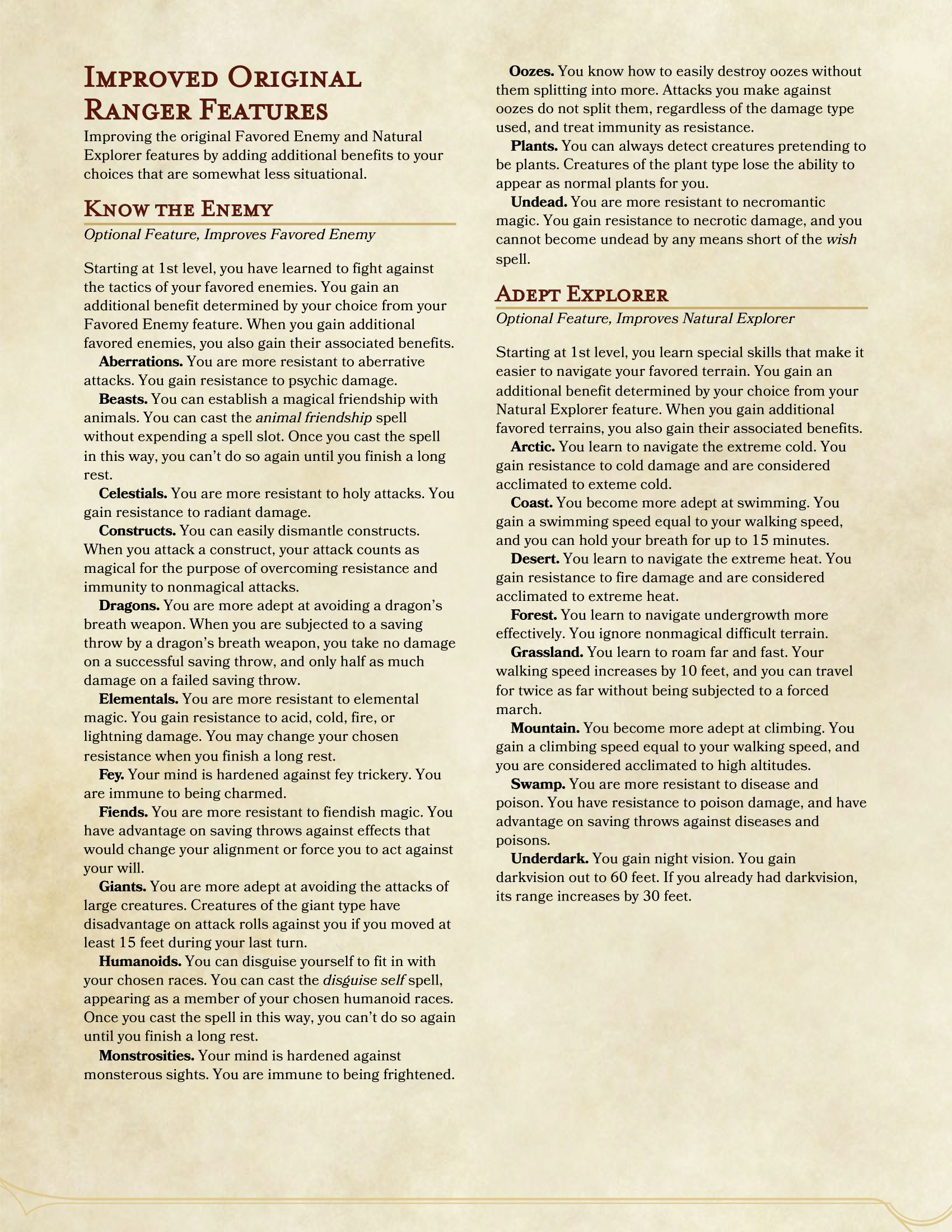 [5e][Features] Improved Original Ranger Features Improving Favored