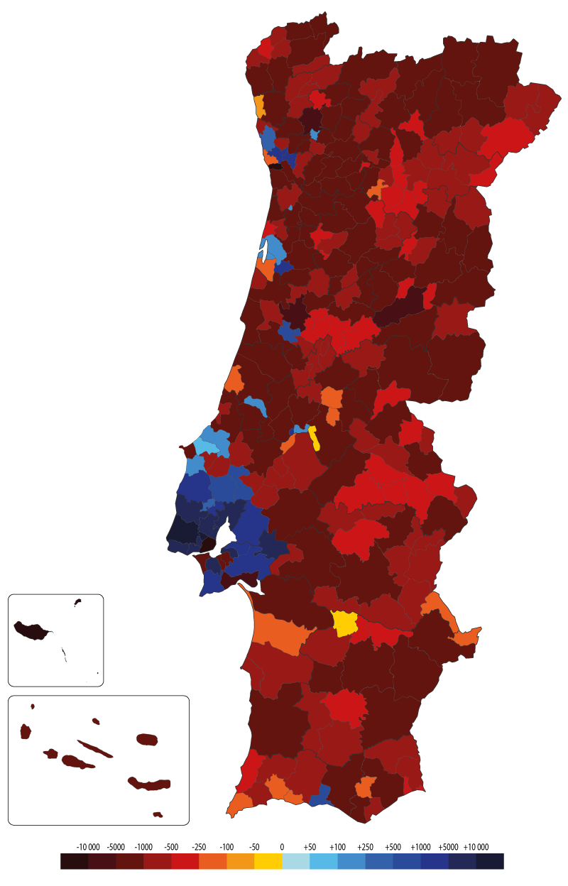 Population change by municipality in Portugal between 2011 and 2020