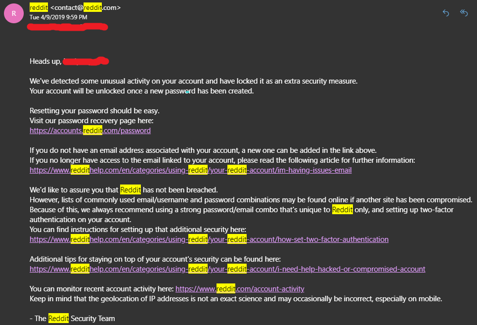 I think I got phished my this Reddit password reset email. r/phishing