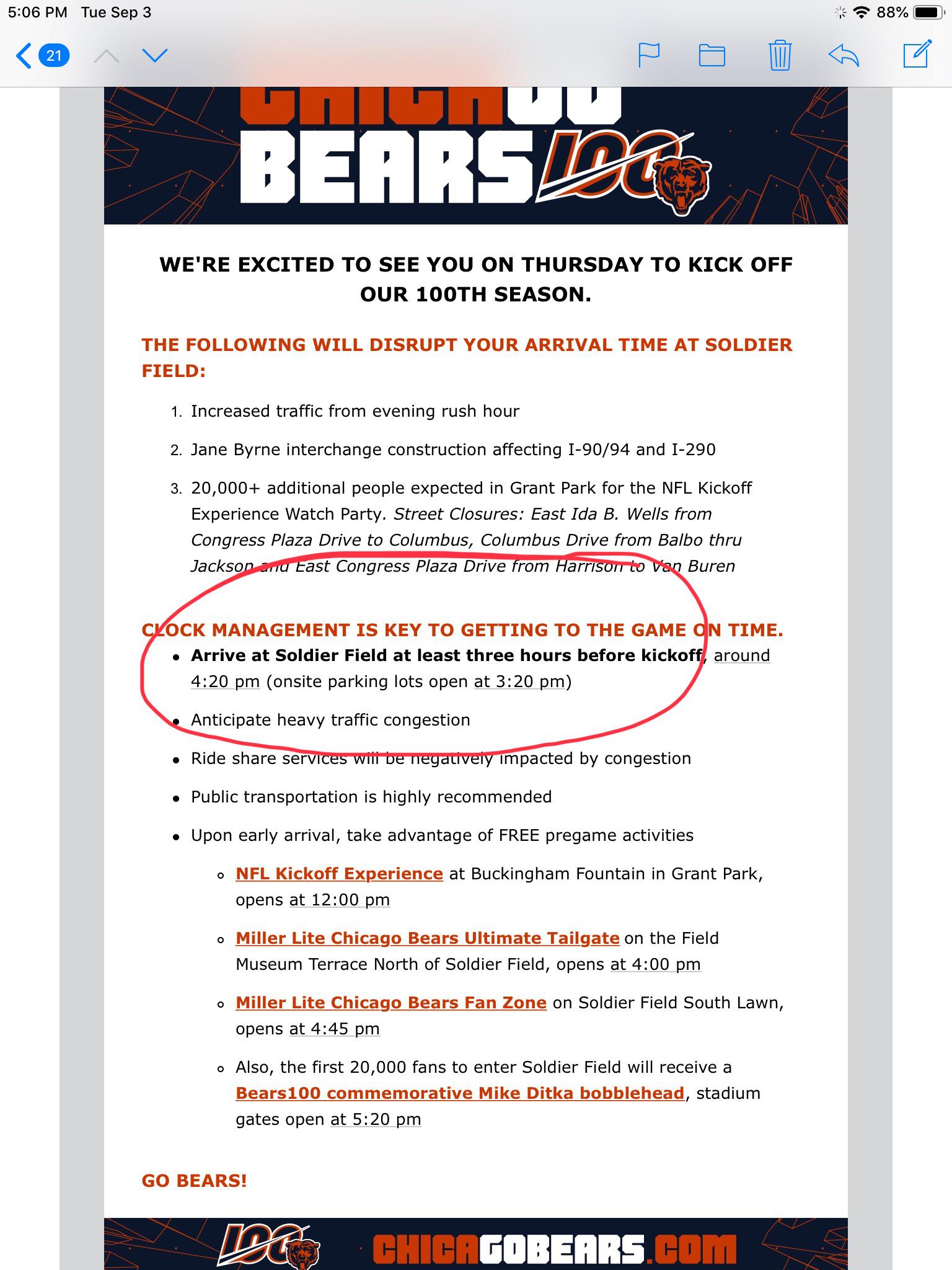 Bears suggesting ticket holders arrive at game at 430. Can’t imagine