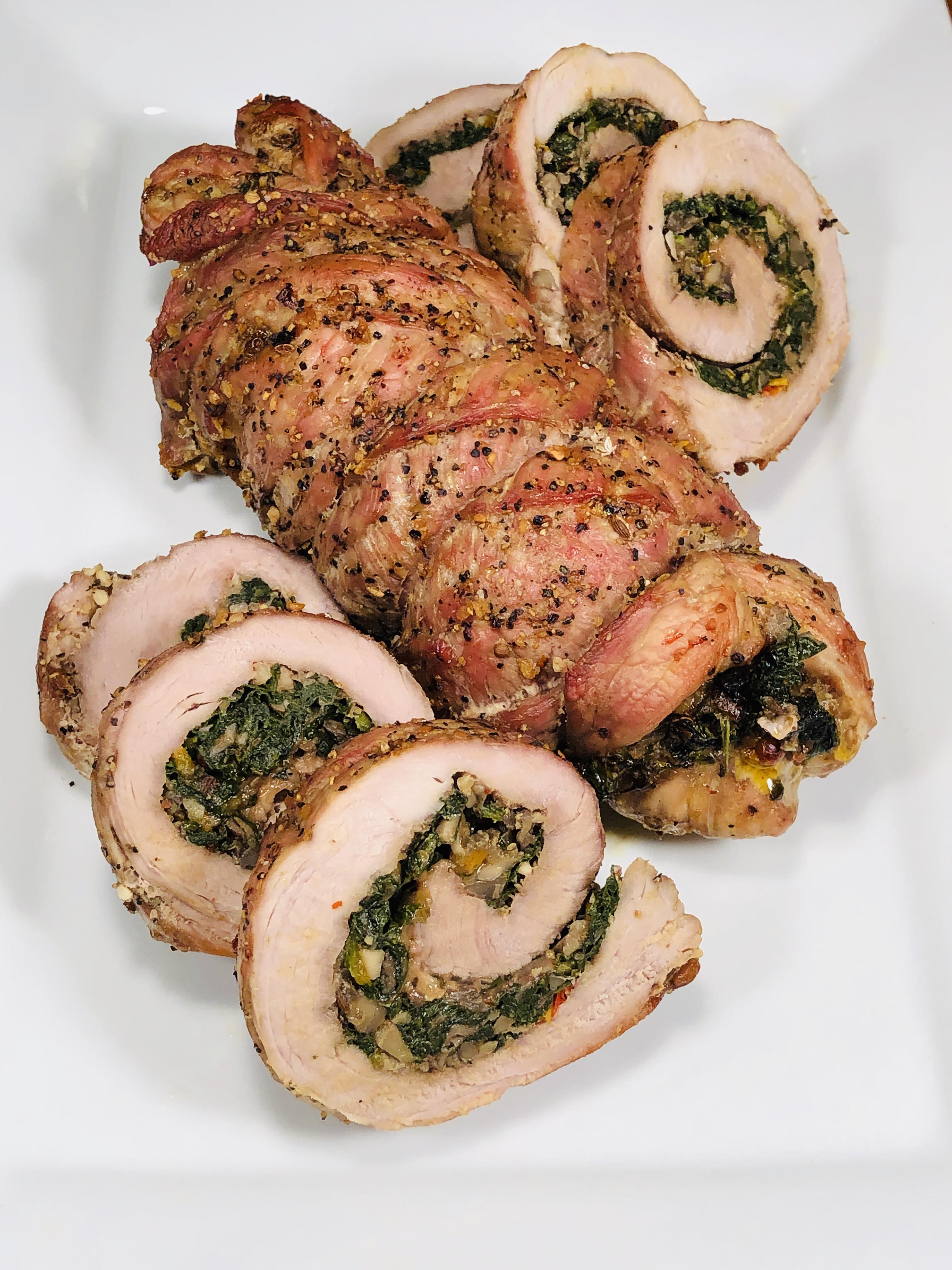 Pork Loin Roulade Stuffed with Onion Mushroom Garlic (OMG) Peppers and