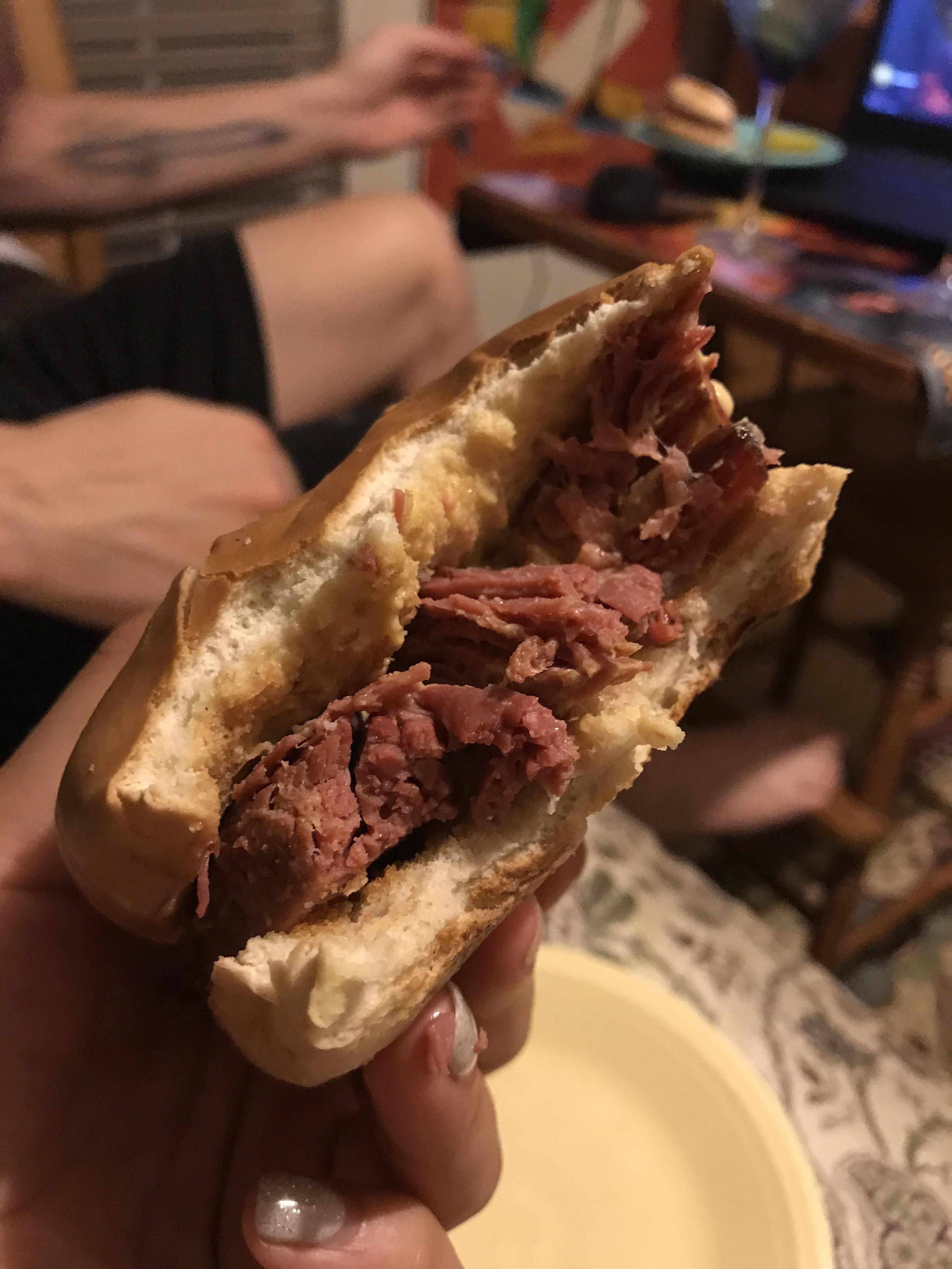 Corned beef, Dijon mustard, plain toasted bagel, side of pickle r