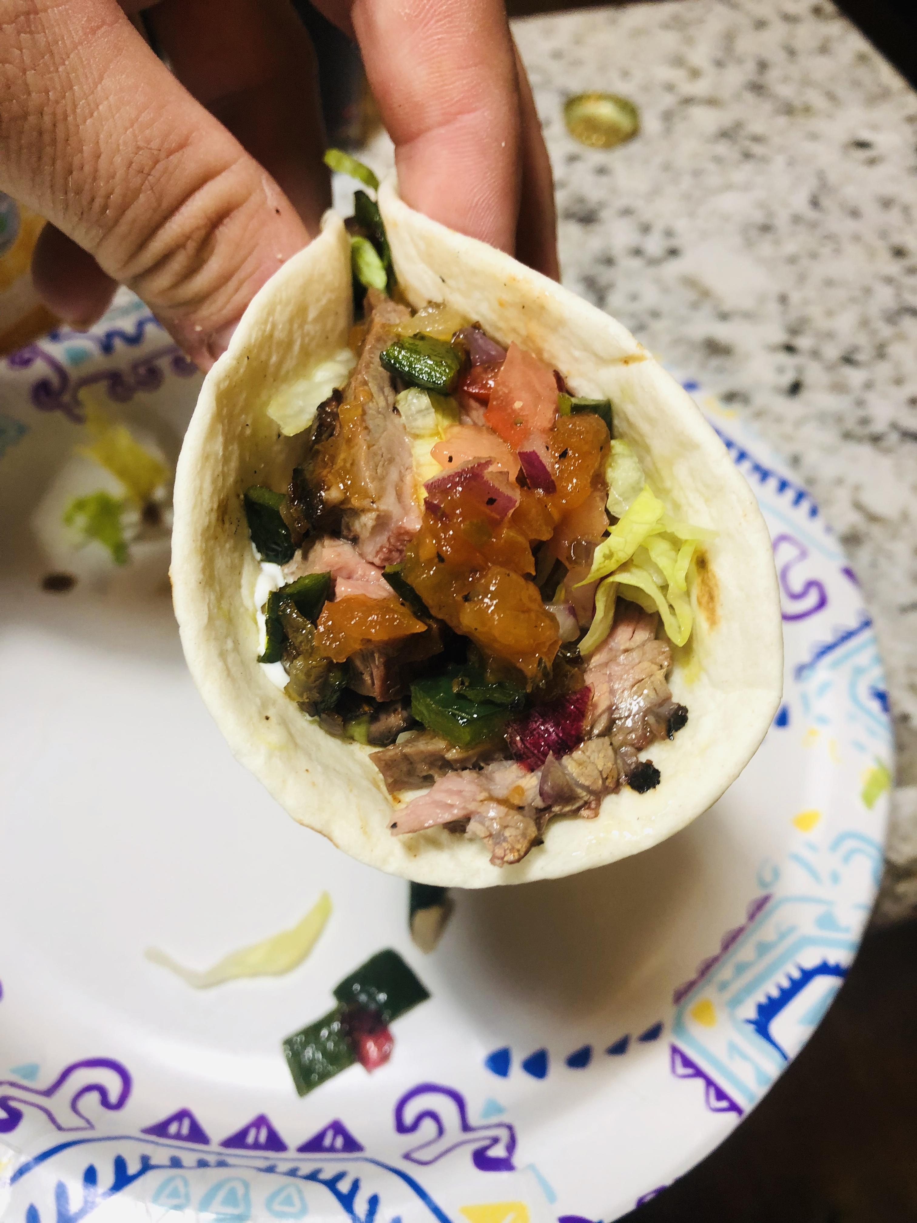 Skirt steak tacos with some homemade salsa and sautéed pablano peppers