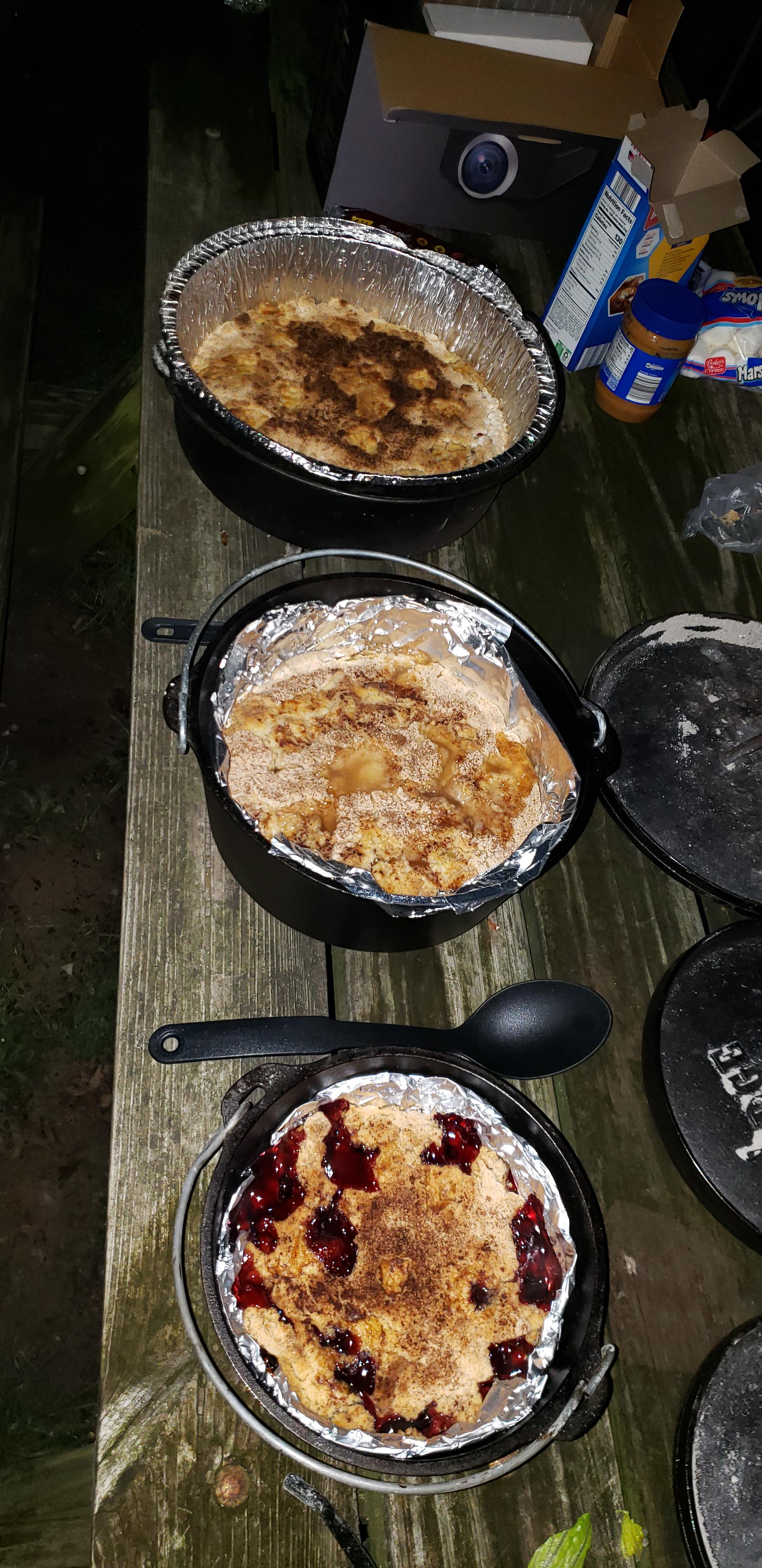 Apple and BlackBerry dump cake. Yellow cake mix, pie filling, butter