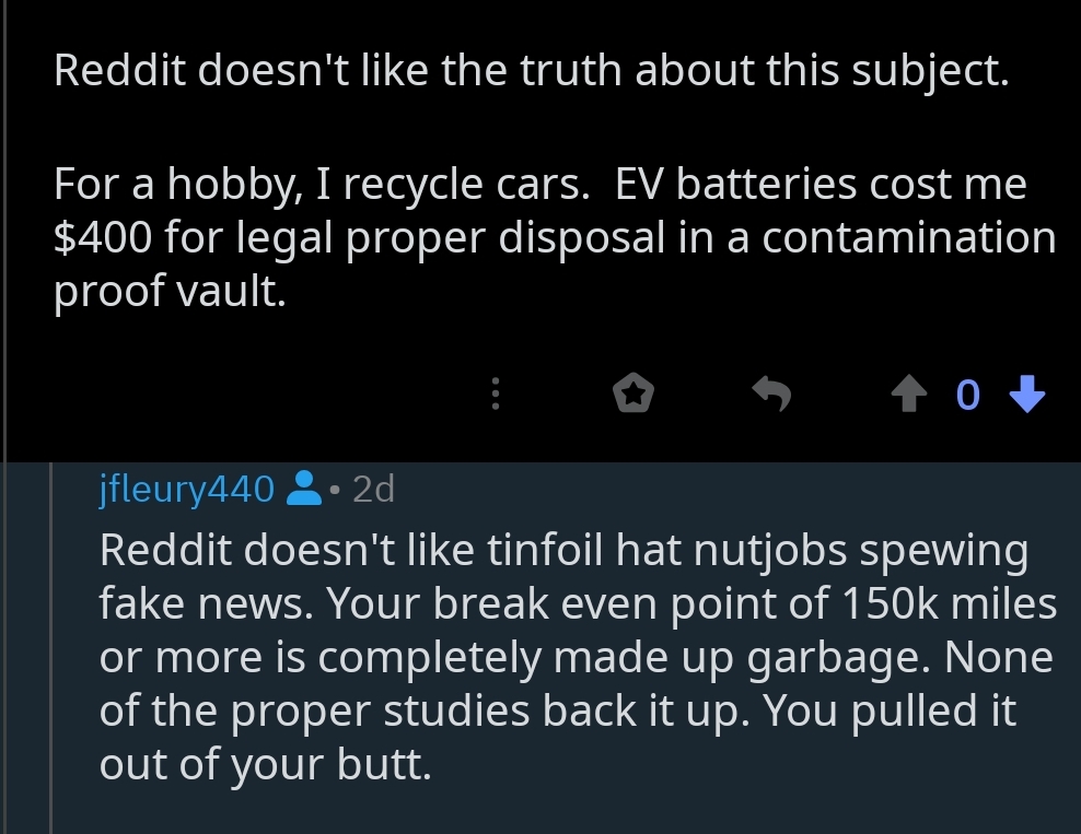 Reddit doesn't believe that Electric cars need to be driven 150k miles