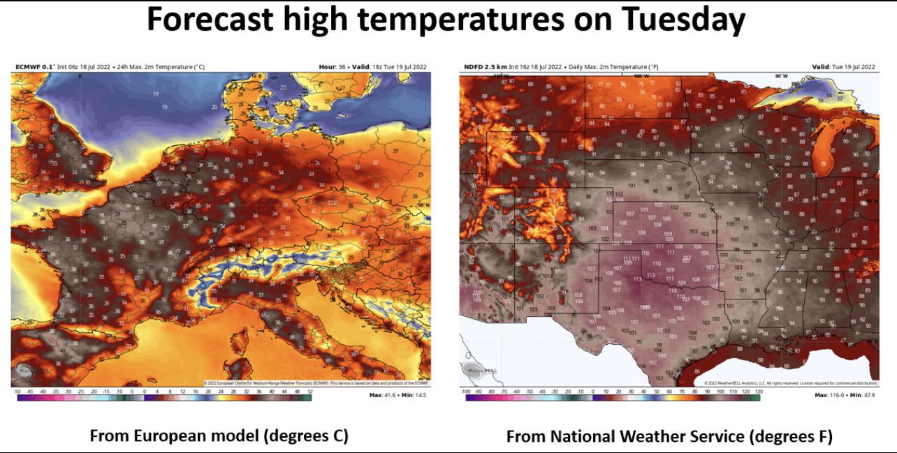 Projected high temperatures for July 19, 2022 r/Maps