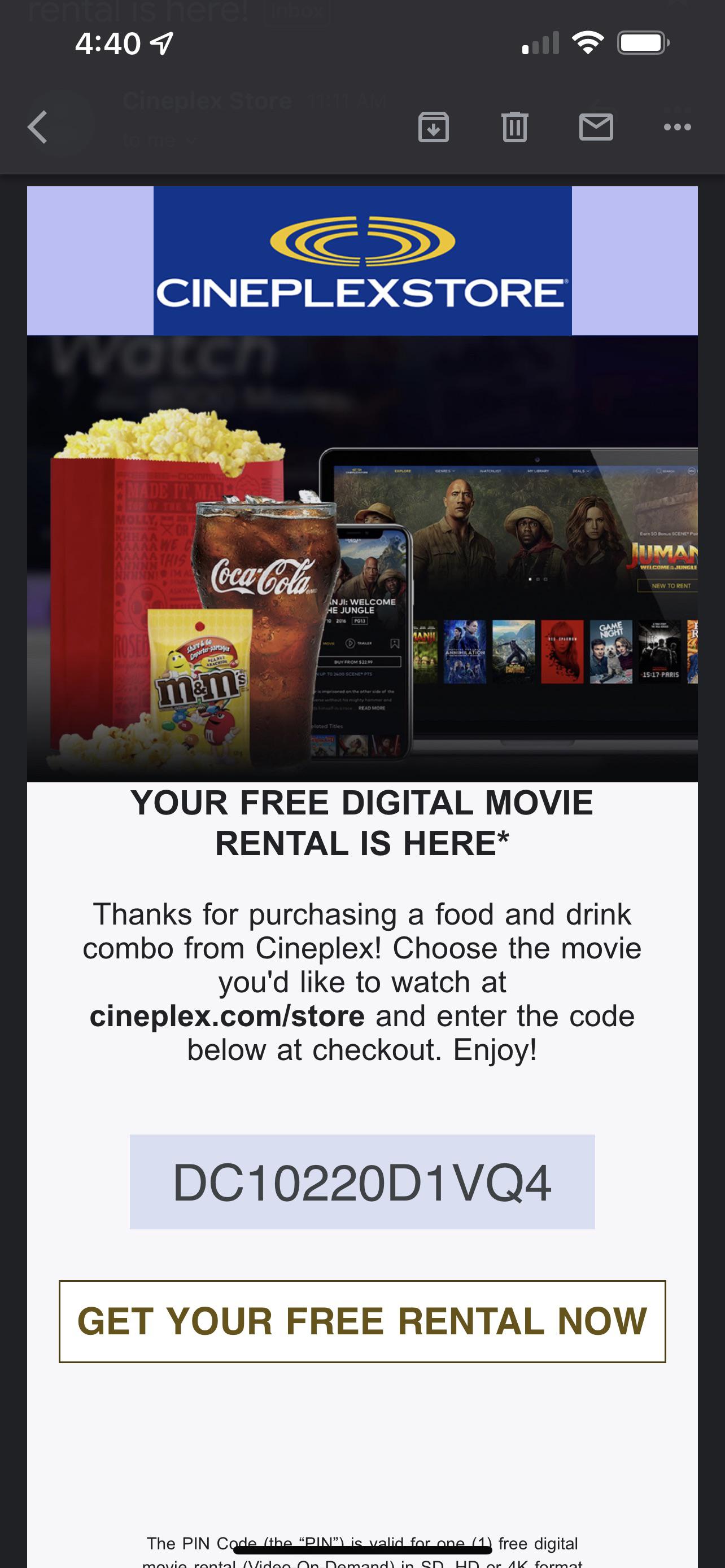 I don’t use the Digital rental, free code r/cineplex