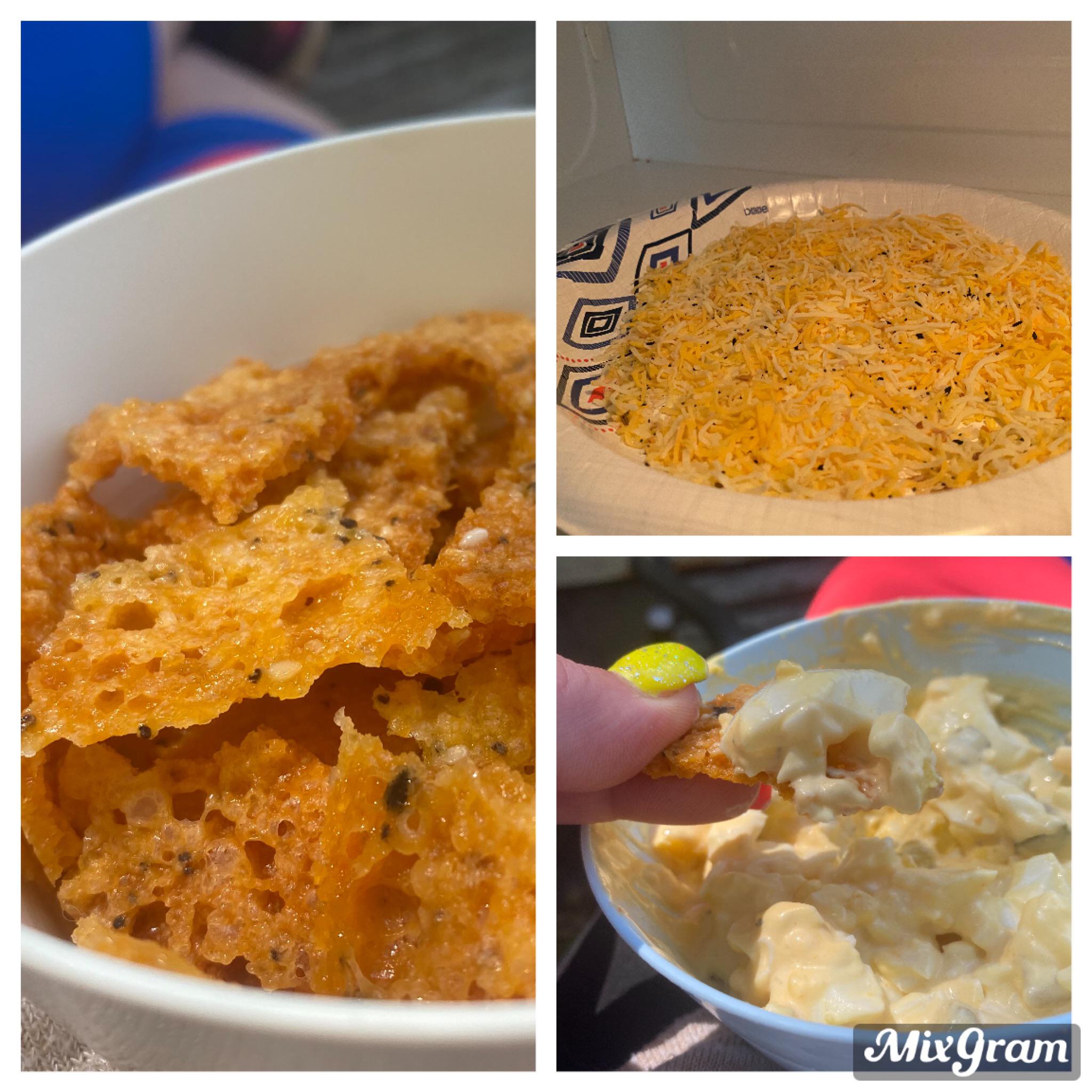 Fast cheese “crisps” spread shredded cheese thinly on plate, I added