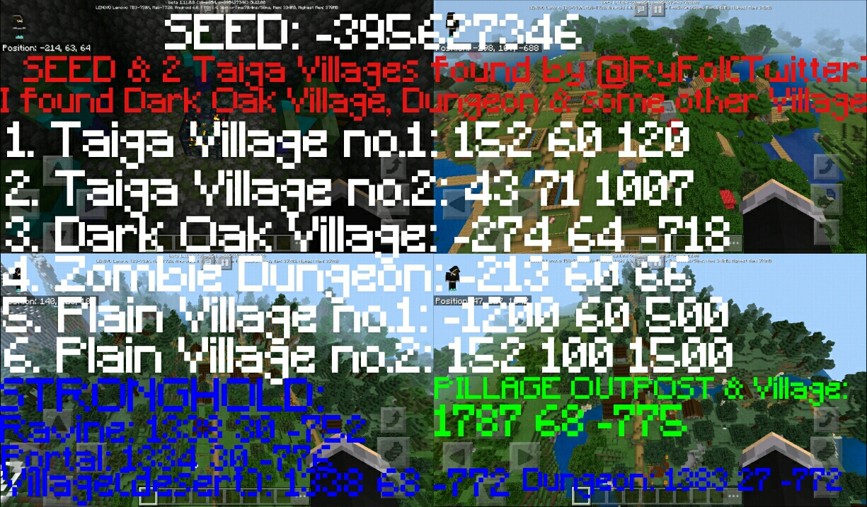 Minecraft Bedrock Edition SEED 395627346. 2 Taiga Villages, 2 Plain