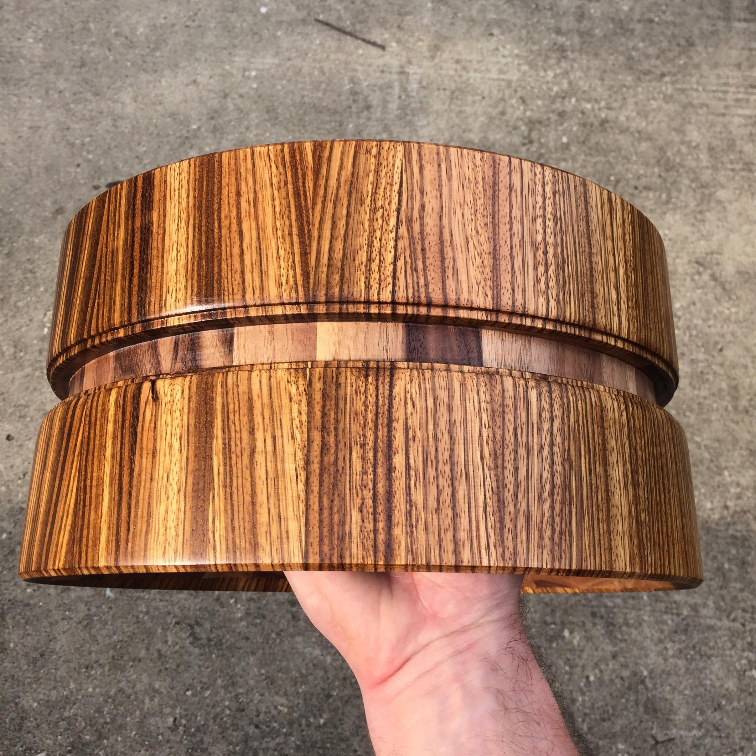 Made another snare drum shell from zebrawood and walnut r/woodworking
