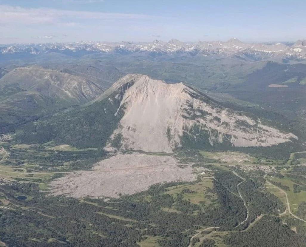 Aerial view of the Frank Slide, which crushed the town of Frank