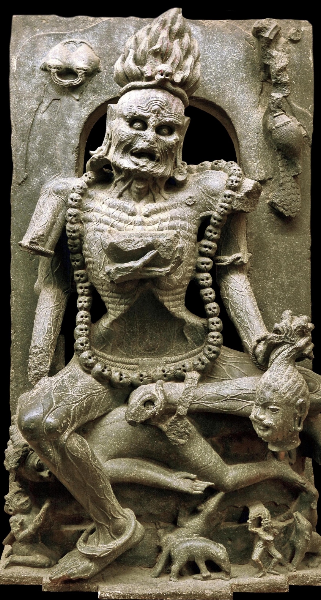 8th century stone figurine of Goddess Chamunda from Odisha, a fiery