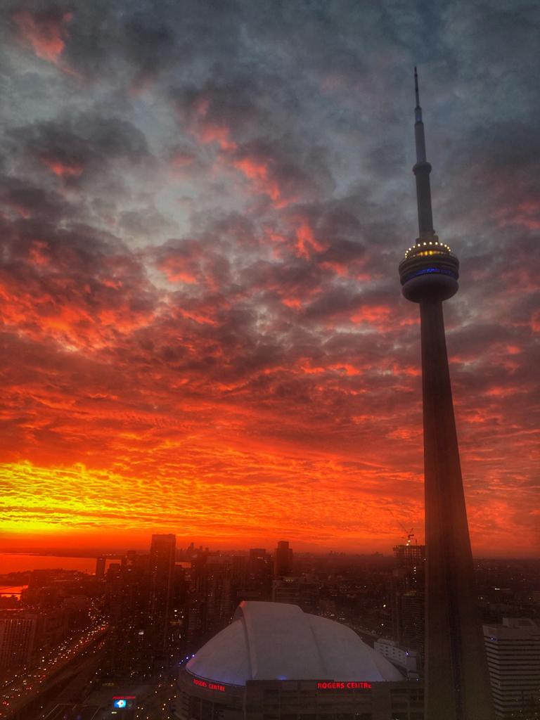 View of the CN Tower during one of Toronto's most spectacular sunsets