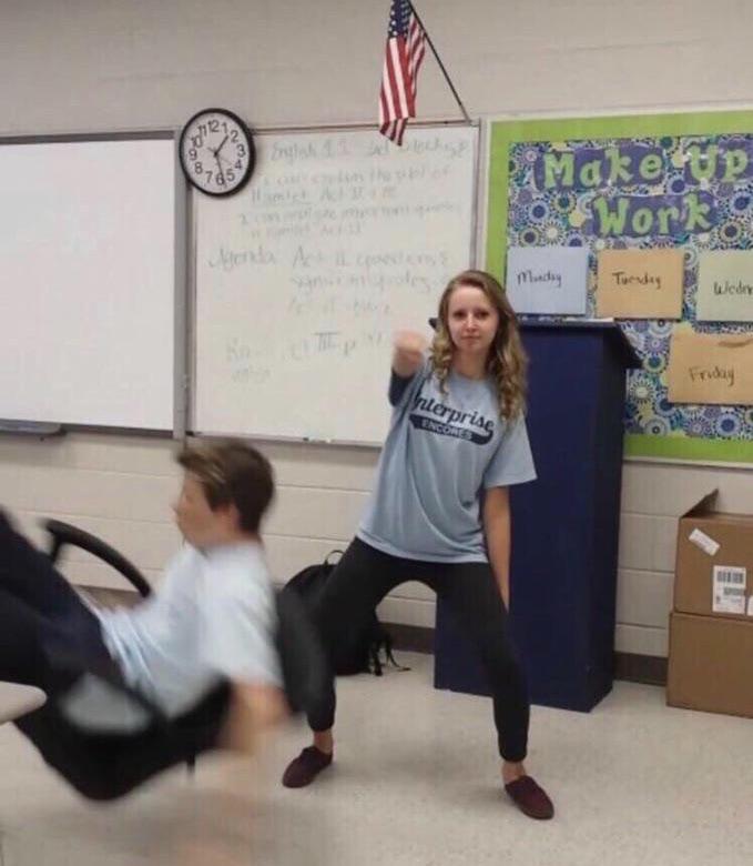 Girl hits the whip while guy falls off chair. MemeTemplatesOfficial