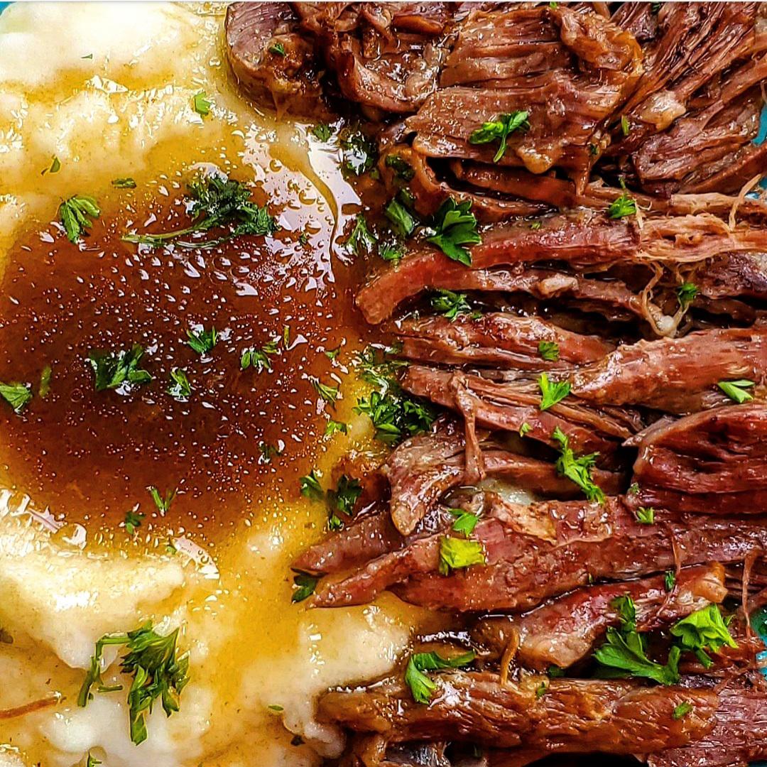 Homemade chuck roast with mashed potatoes and gravy r/FoodPorn