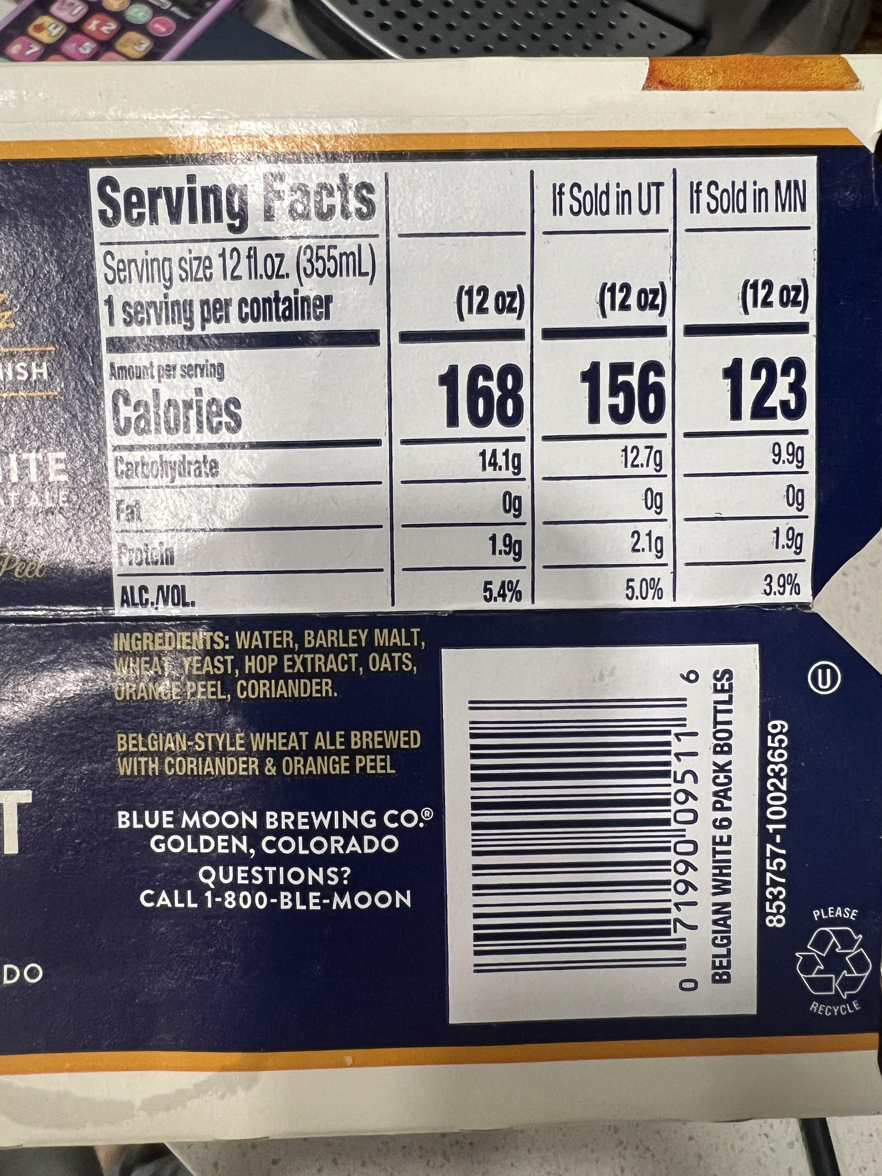The calories for this beer change depending on the state it’s sold in