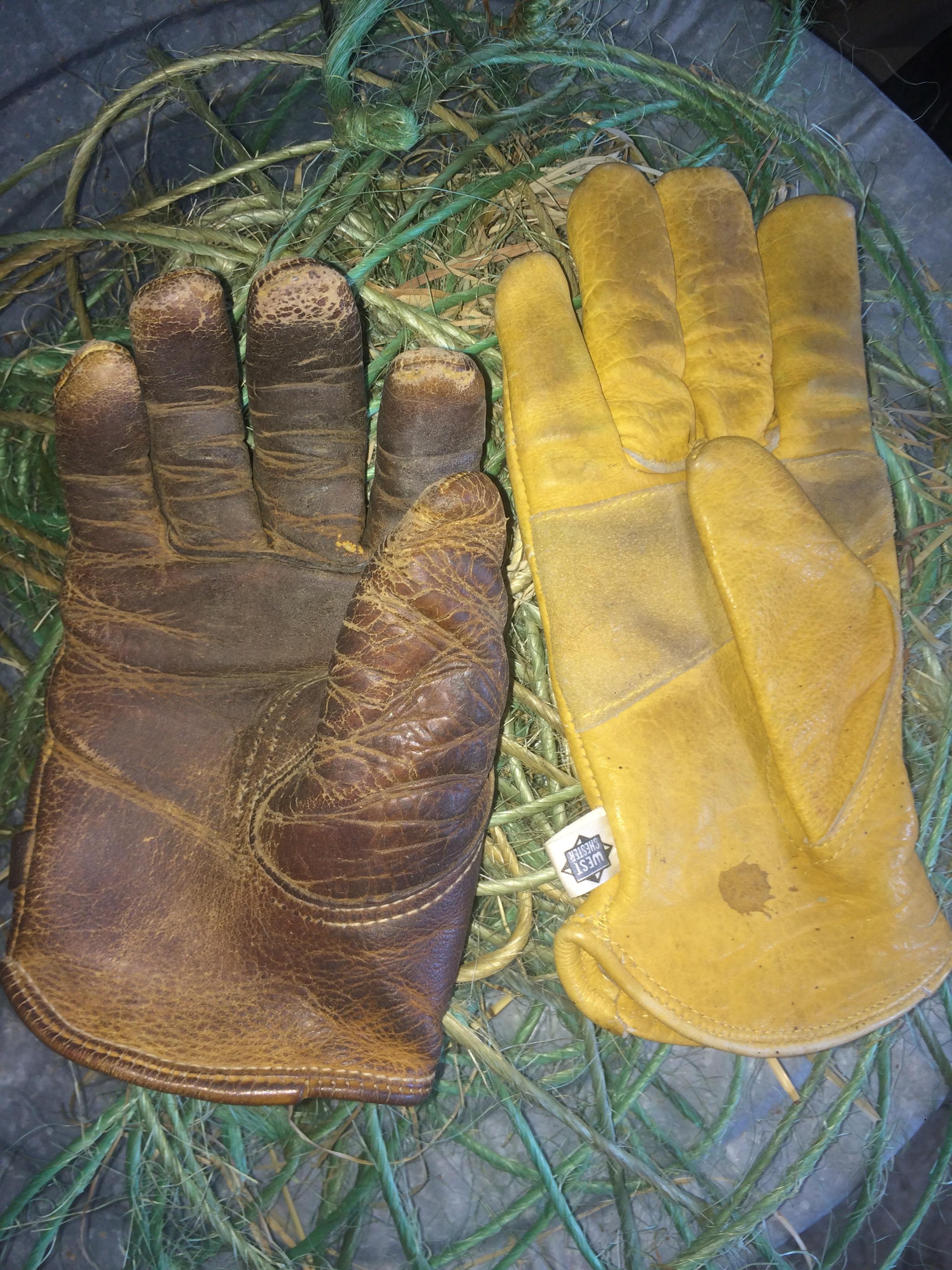 Old vs slightly used work gloves. The leather has formed to hold a